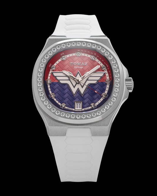 DC Wonder Woman TQ029L-BD16 (Silver/Pink/Blue) with White Swarovski Crystal (White Silicone Strap)
