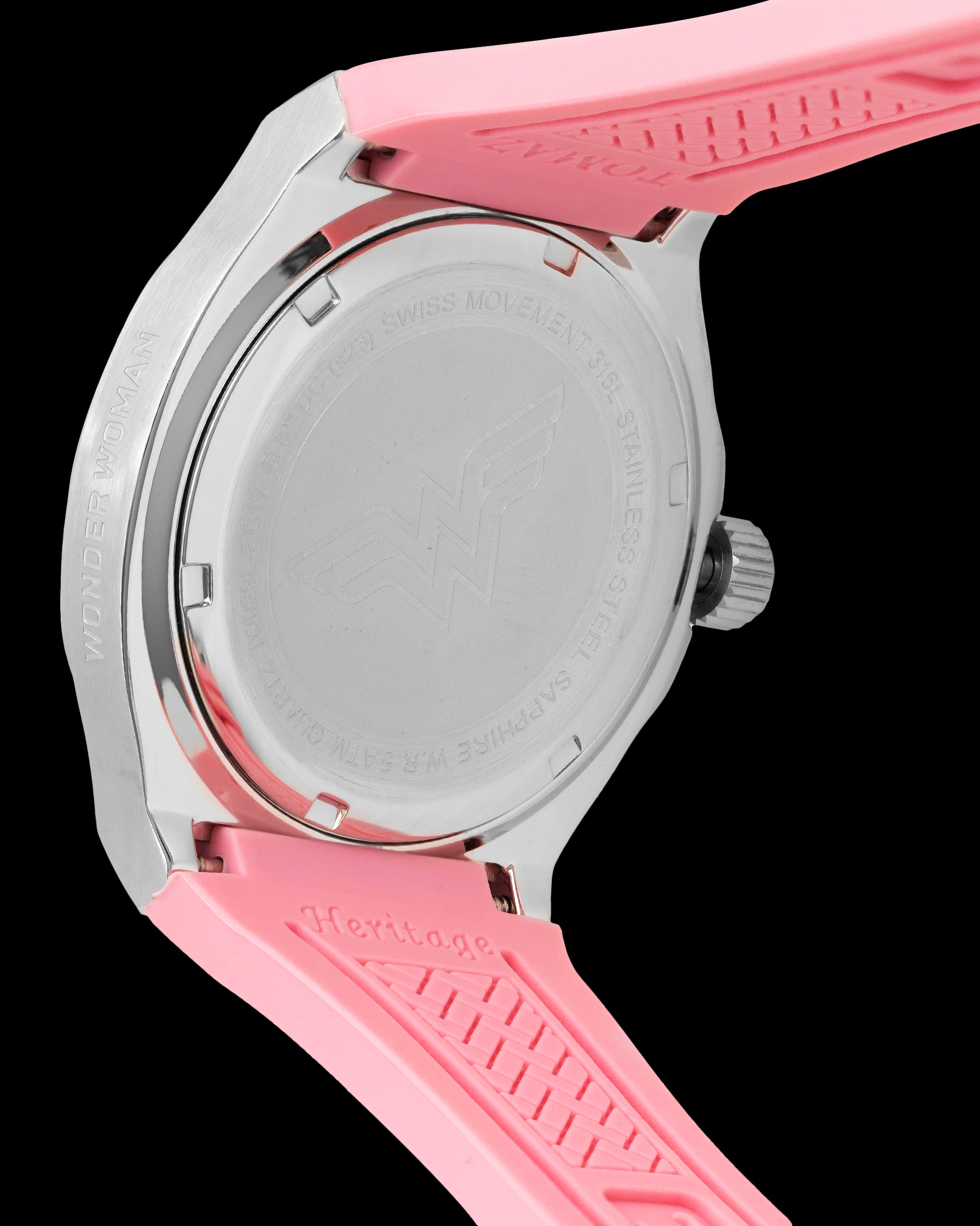 DC Wonder Woman TQ029L-BD17 (Silver/Light Pink) with White  Swarovski Crystal (Light Pink Silicone Strap)