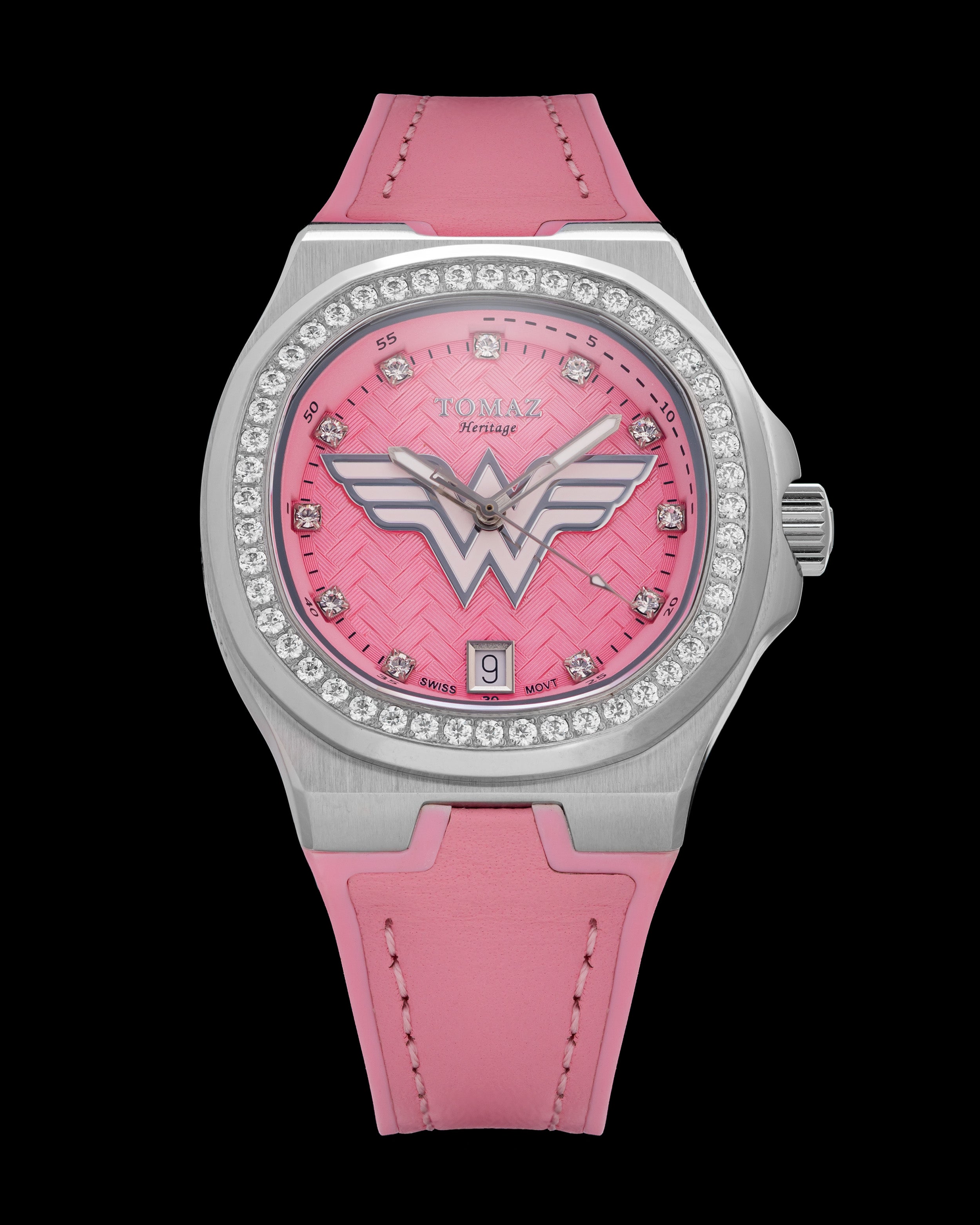 DC Wonder Woman TQ029L-BD17 (Silver/Light Pink) with White  Swarovski Crystal (Light Pink Silicone Strap)