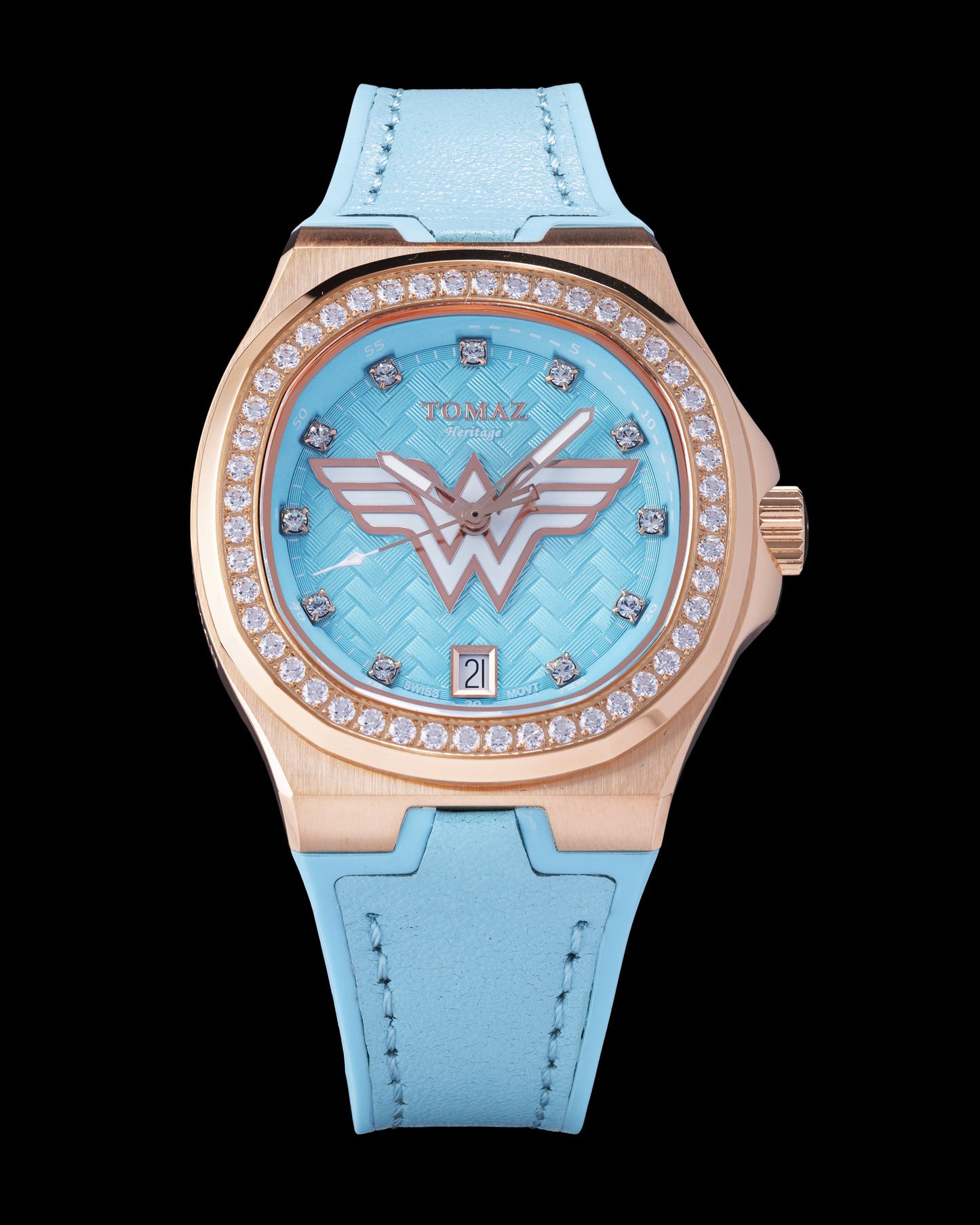 DC Wonder Woman TQ029L-BD18 (Gold/Light Blue) with White Swarovski Crystal (Light Blue Silicone Strap)