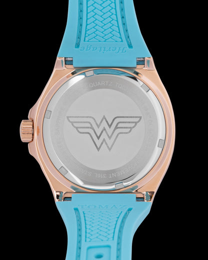 DC Wonder Woman TQ029L-BD18 (Gold/Light Blue) with White Swarovski Crystal (Light Blue Silicone Strap)