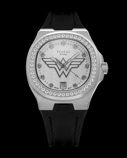 DC Wonder Woman TQ029L-BD2 (Silver/White) with White Swarovski Crystal (Black Silicone Strap)