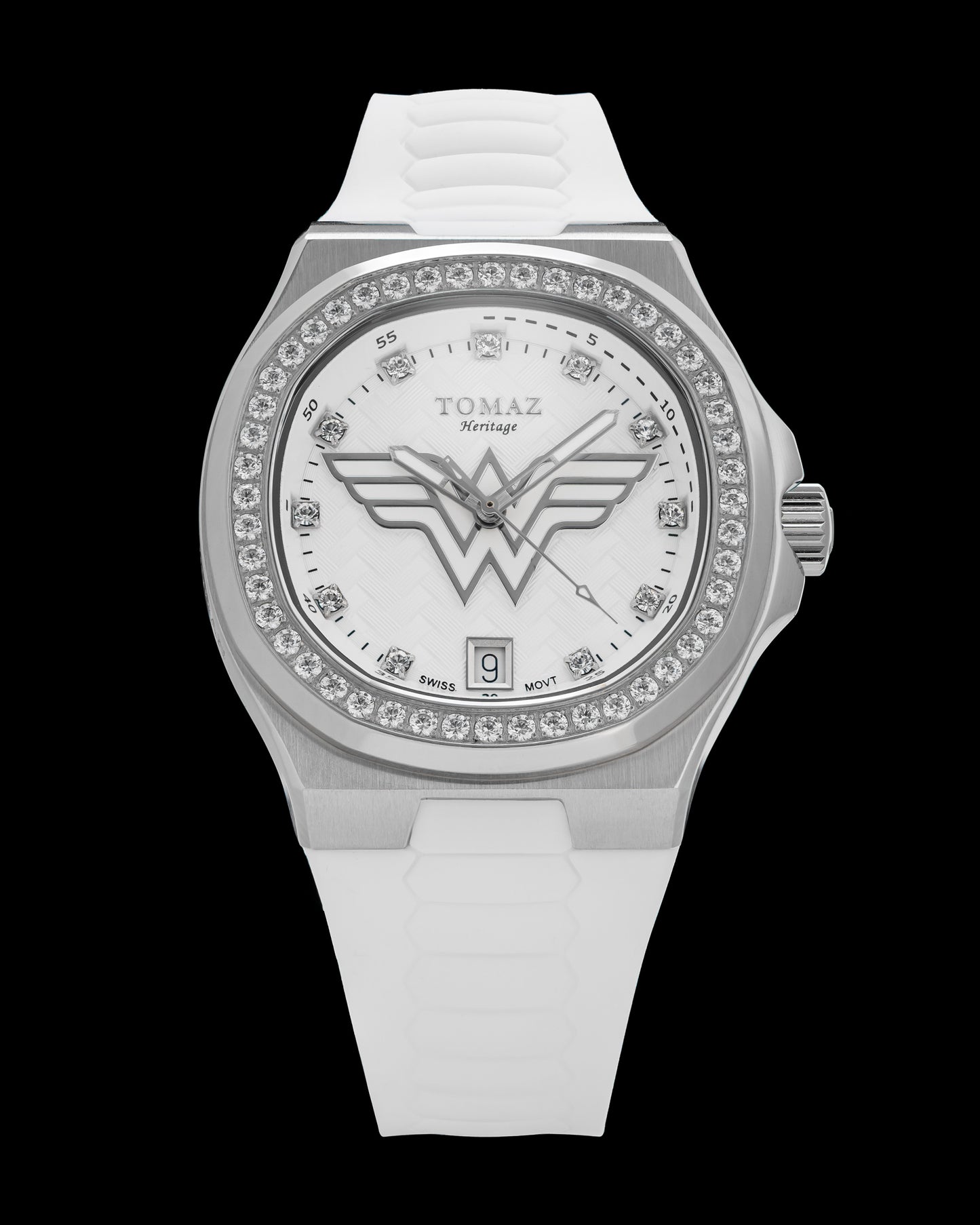 DC Wonder Woman TQ029L-BD3 (Silver/White) with White Crystal (White Silicone Strap)