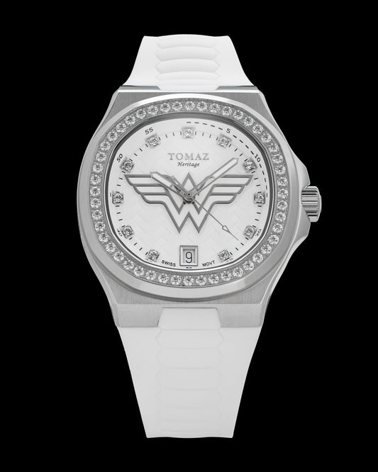 DC Wonder Woman TQ029L-BD3 (Silver/White) with White Crystal (White Silicone Strap)