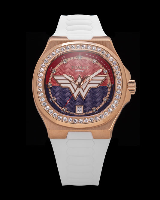 DC Wonder Woman TQ029L-BD4 (Rosegold/Pink/Blue) with White Swarovski Crystal (White Silicone Strap)