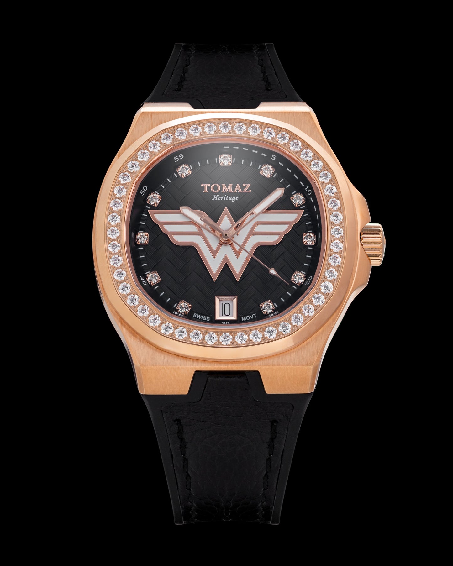 DC Wonder Woman TQ029L-BD5 (Rosegold/Black) with White  Swarovski Crystal (Black Silicone Strap)