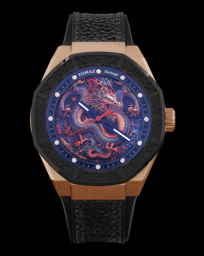 Romeo XL Dragon TQ030-D2 (Rosegold/Black/Green) and Black Leather Strap