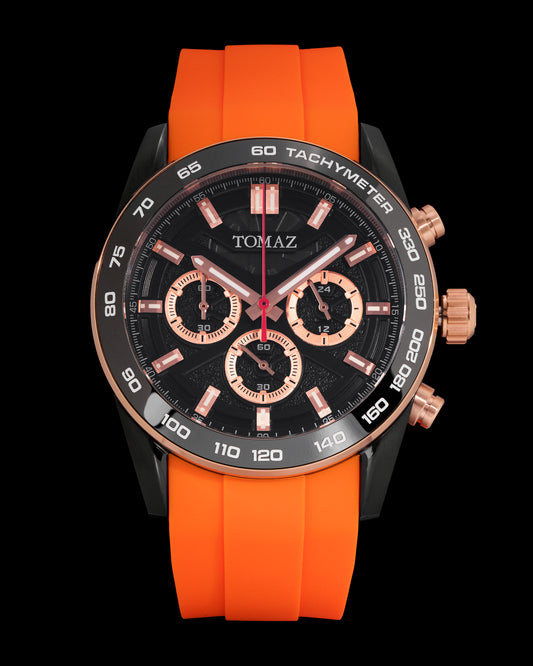 Tomaz Men's Driver Watch TQ031-D9 (Rosegold/Black) with Orange Silicone Strap