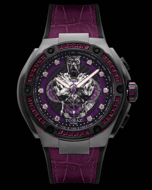 Marvel Wakanda TQ037L-D1 (Silver/Black) with Purple Crystal (Purple Silicone with Leather Bamboo Strap)