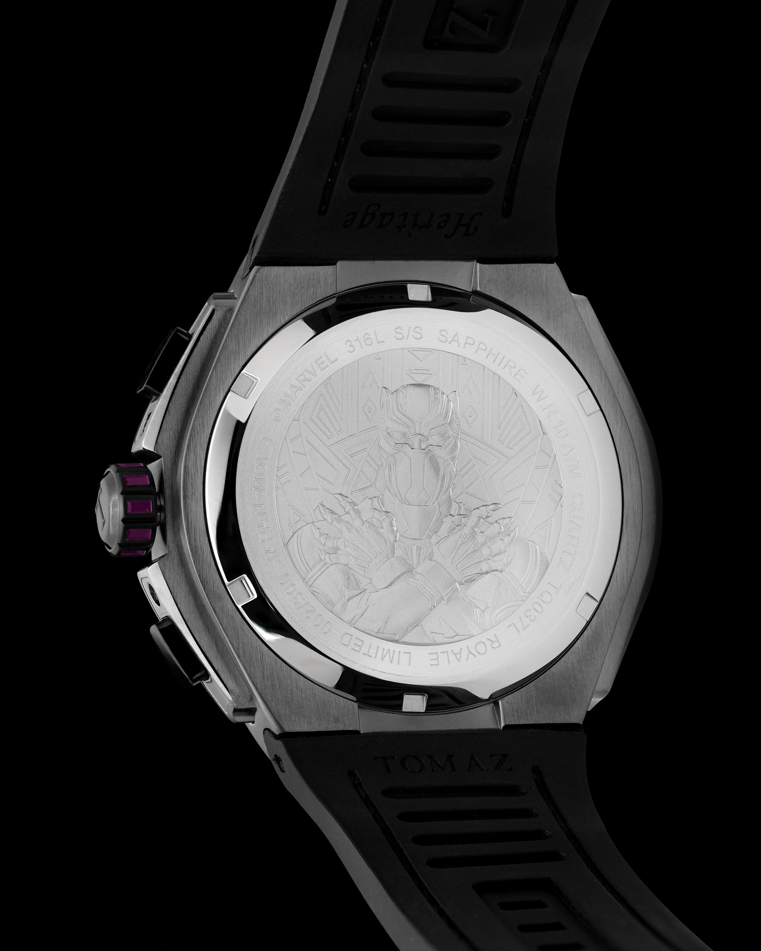 Marvel Wakanda TQ037L-D1A (Silver/Black) with Black Crystal (Black Silicone with Leather Bamboo Strap)