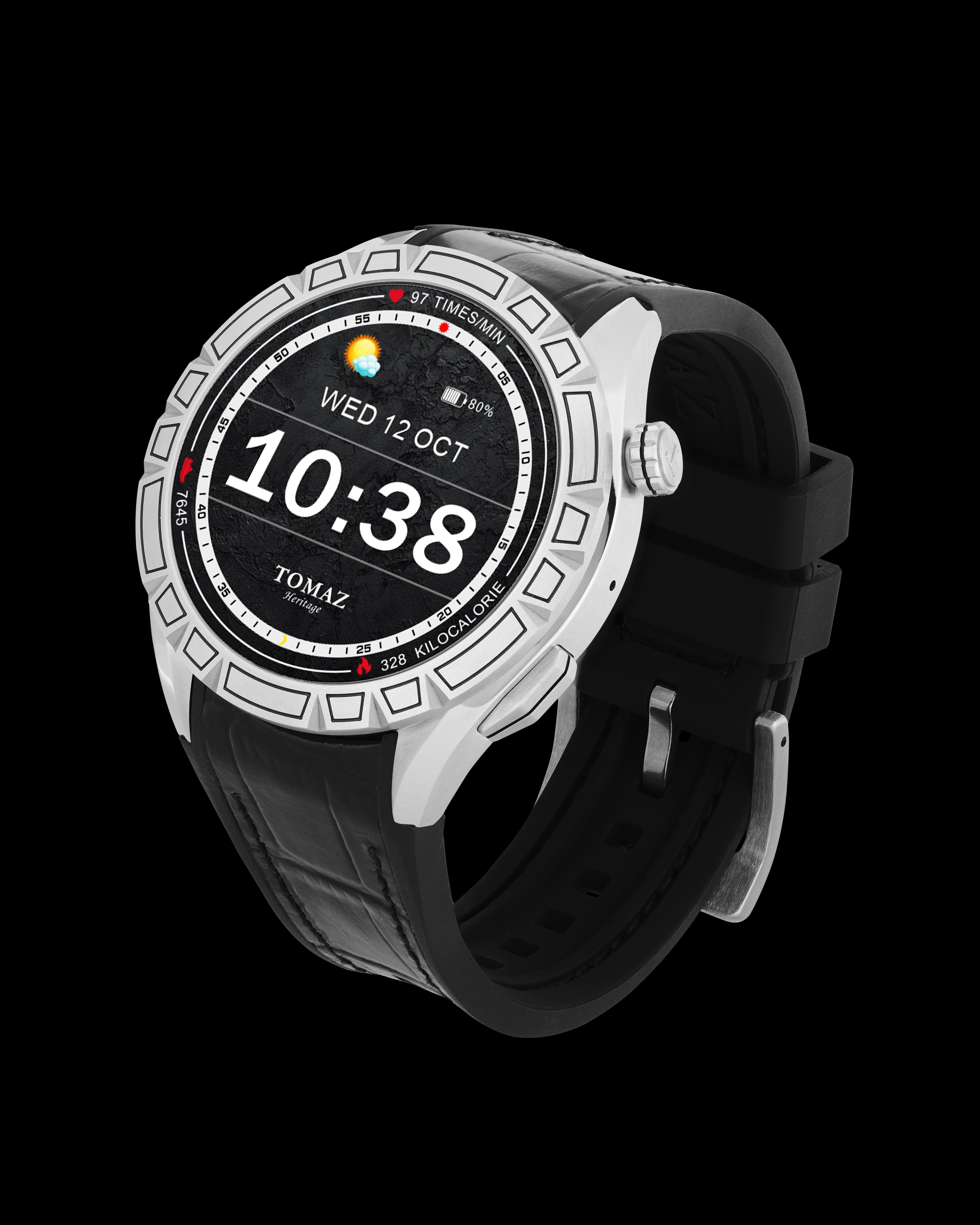 Tomaz Smartwatch TQ047-BD1 (Silver/Black) with Black Rubber Leather Strap