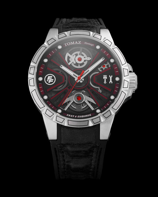 Fast & Furious TQ048-CD1 (Black/Silver/Red) with Black Leather & Silicone Strap