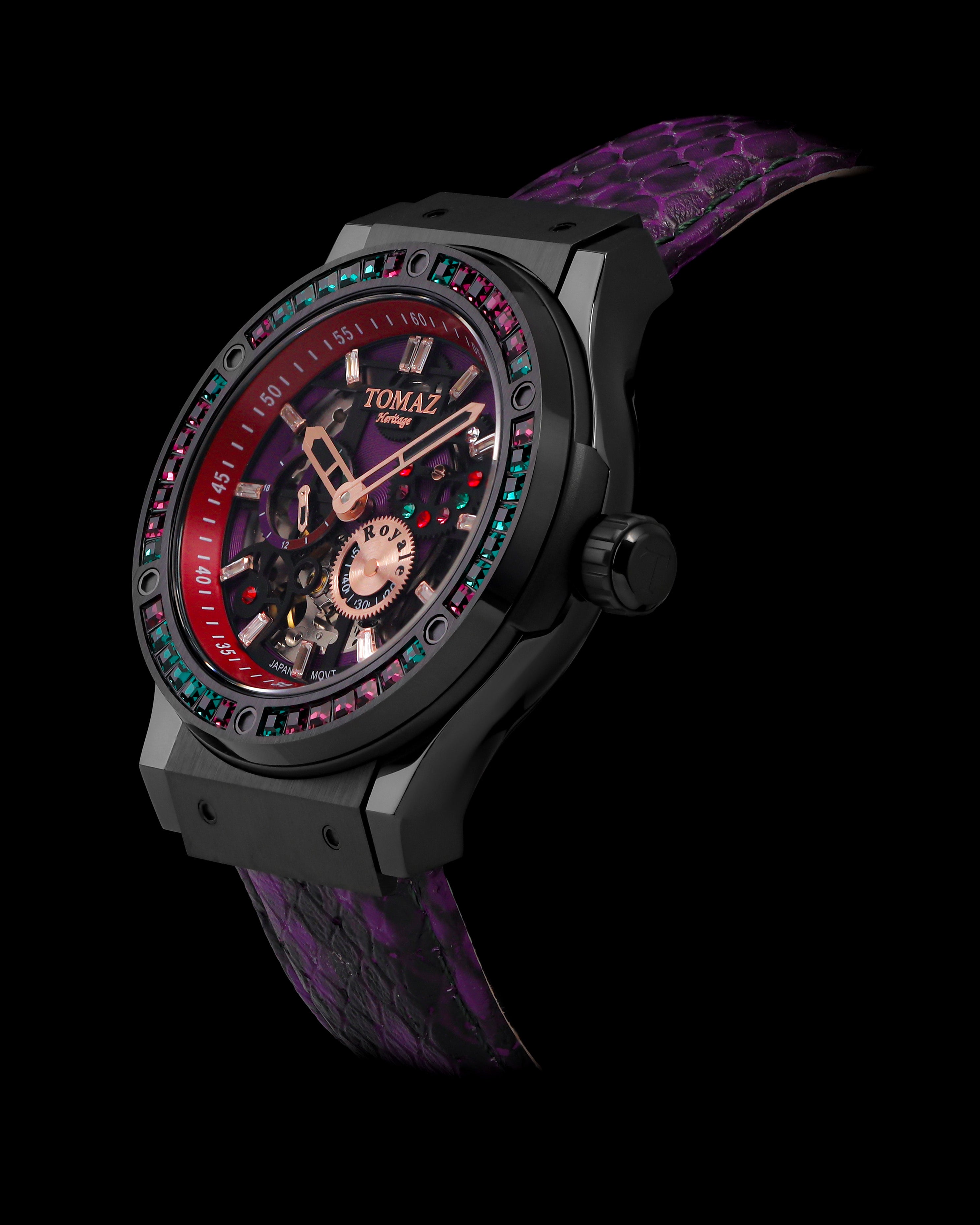 Royale TW014A-D4 (Black) with Green Purple Swarovski (Purple Salmon Leather Strap)