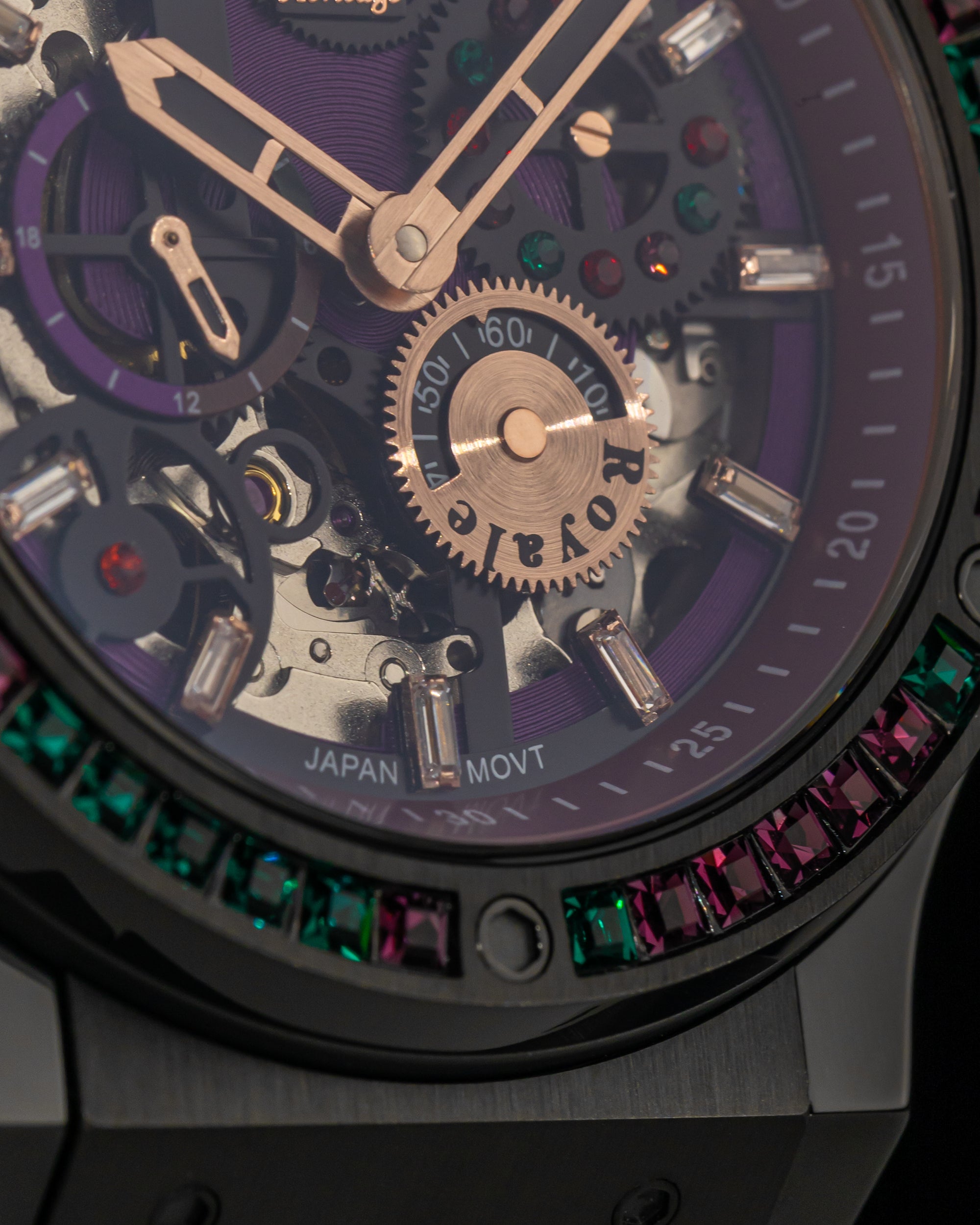 Royale TW014A-D4 (Black) with Green Purple Swarovski (Purple Salmon Leather Strap)