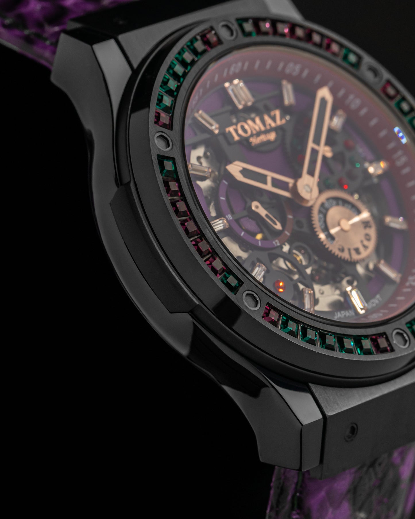 Royale TW014A-D4 (Black) with Green Purple Swarovski (Purple Salmon Leather Strap)