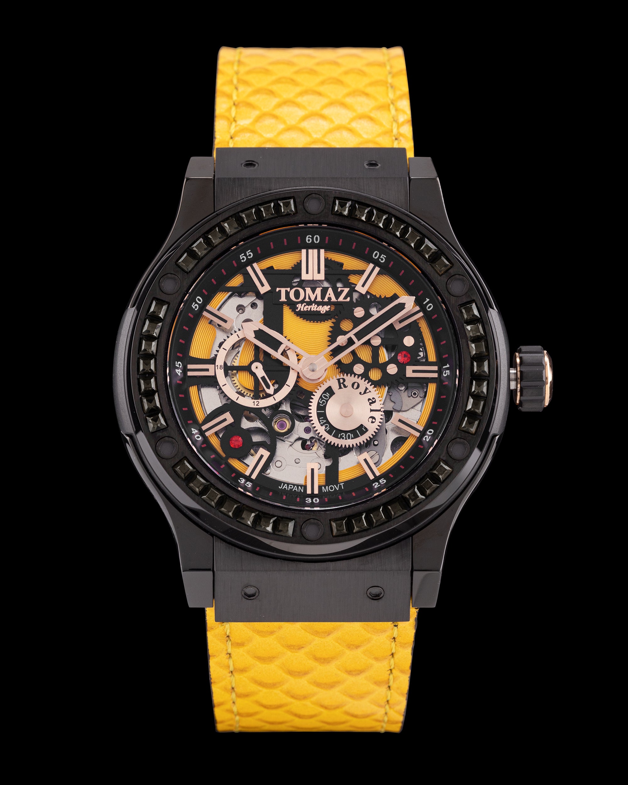 Royale TW014B-D5 (Full Black) with Black Swarovski (Yellow Salmon Leather Strap)