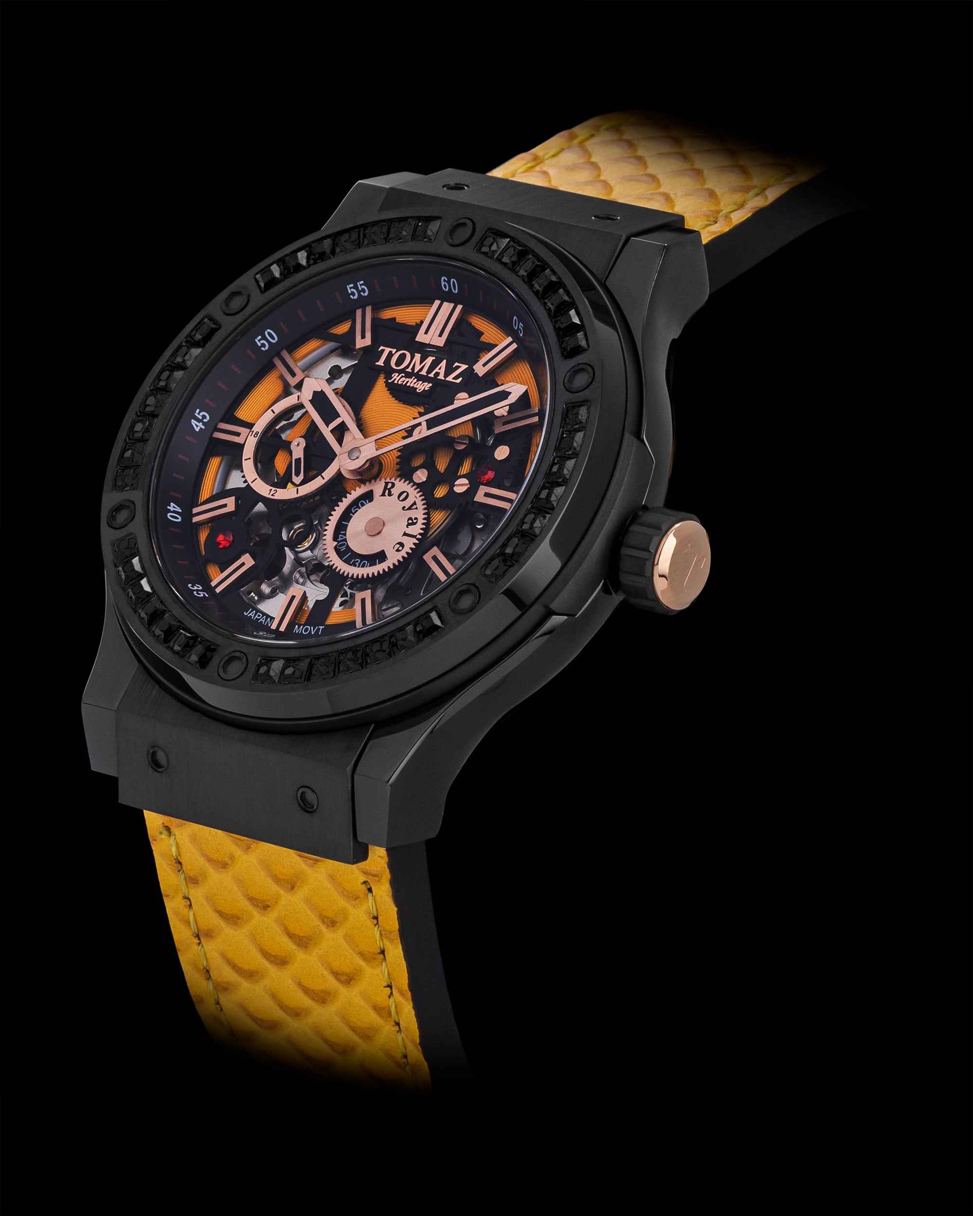 Royale TW014B-D5 (Full Black) with Black Swarovski (Yellow Salmon Leather Strap)