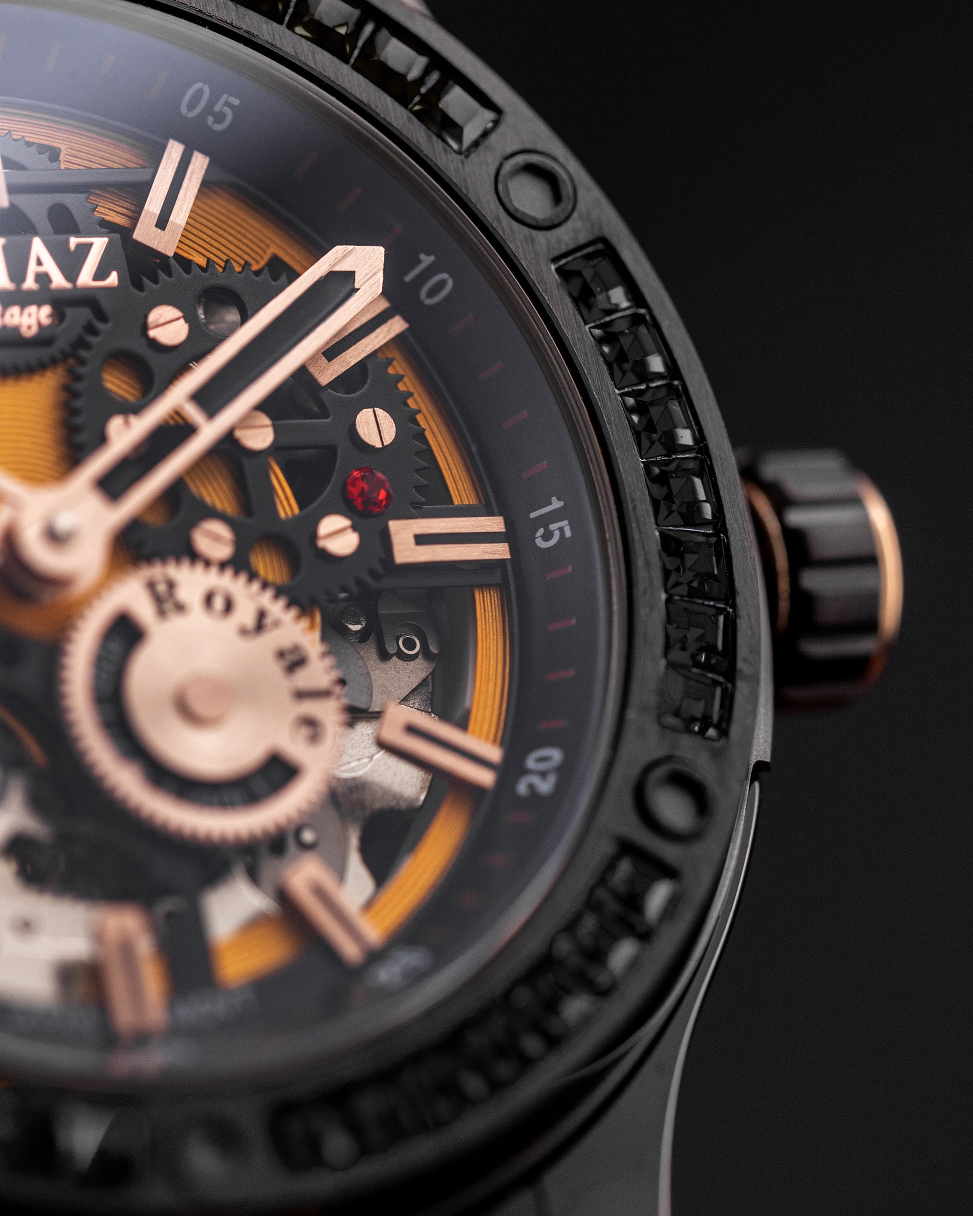 Royale TW014B-D5 (Full Black) with Black Swarovski (Yellow Salmon Leather Strap)
