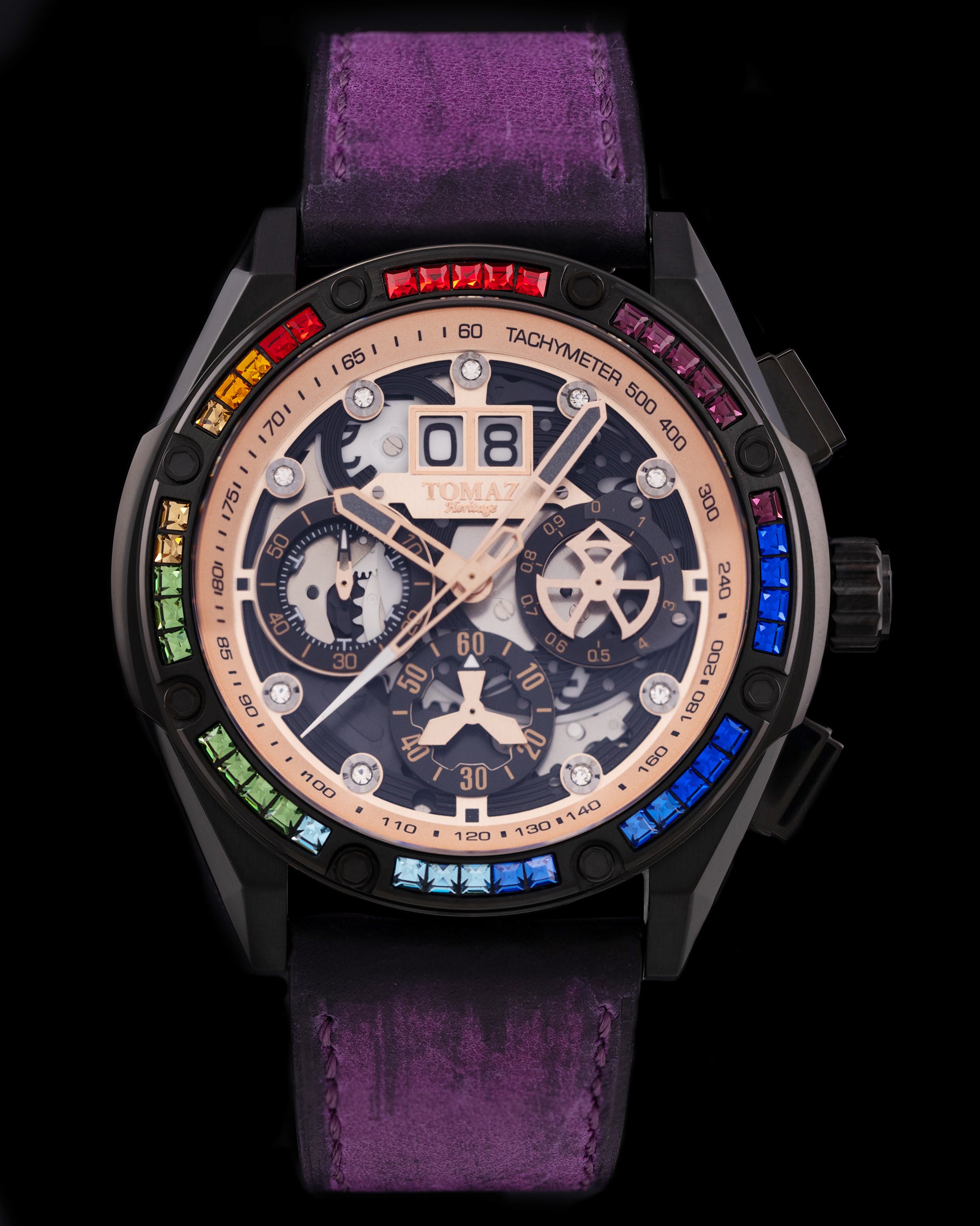 RAWR III TW024D-D4 (Black/Rosegold) with Rainbow Swarovski Purple Leather Strap)