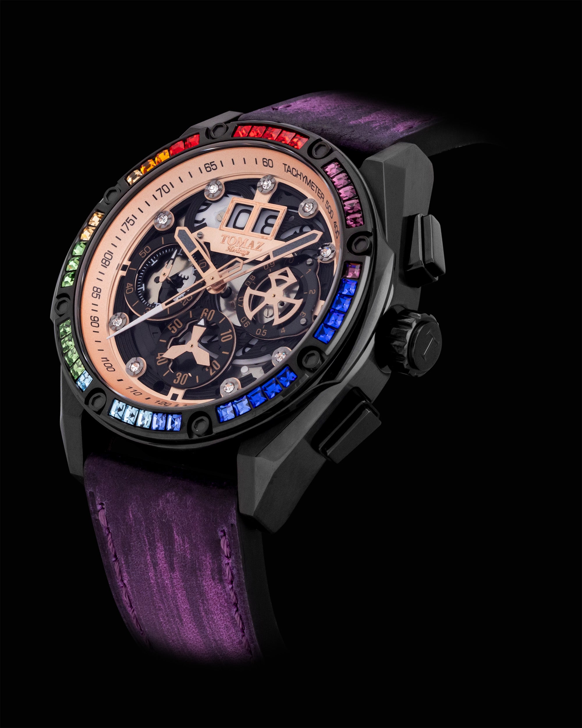 RAWR III TW024D-D4 (Black/Rosegold) with Rainbow Swarovski Purple Leather Strap)