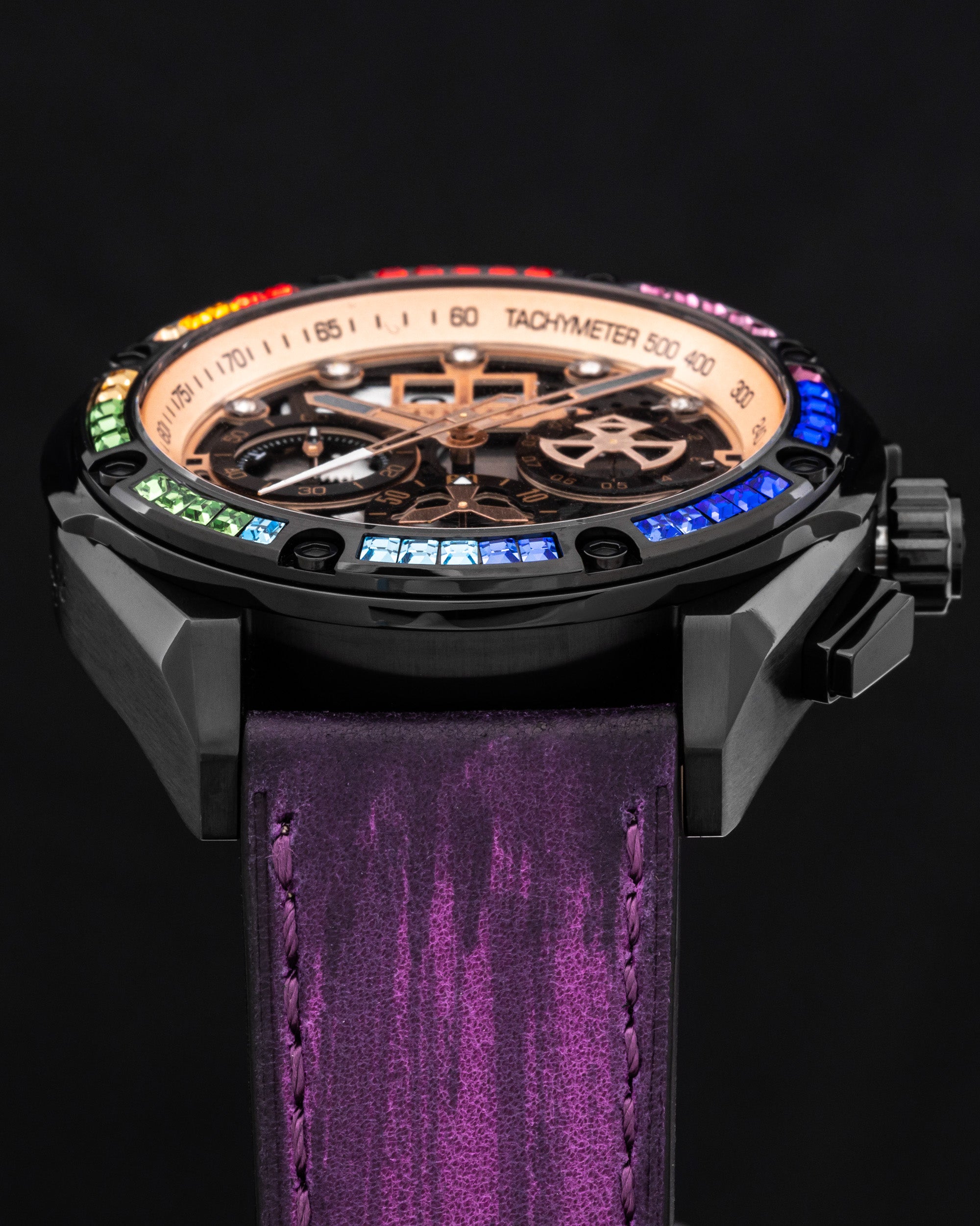 RAWR III TW024D-D4 (Black/Rosegold) with Rainbow Swarovski Purple Leather Strap)