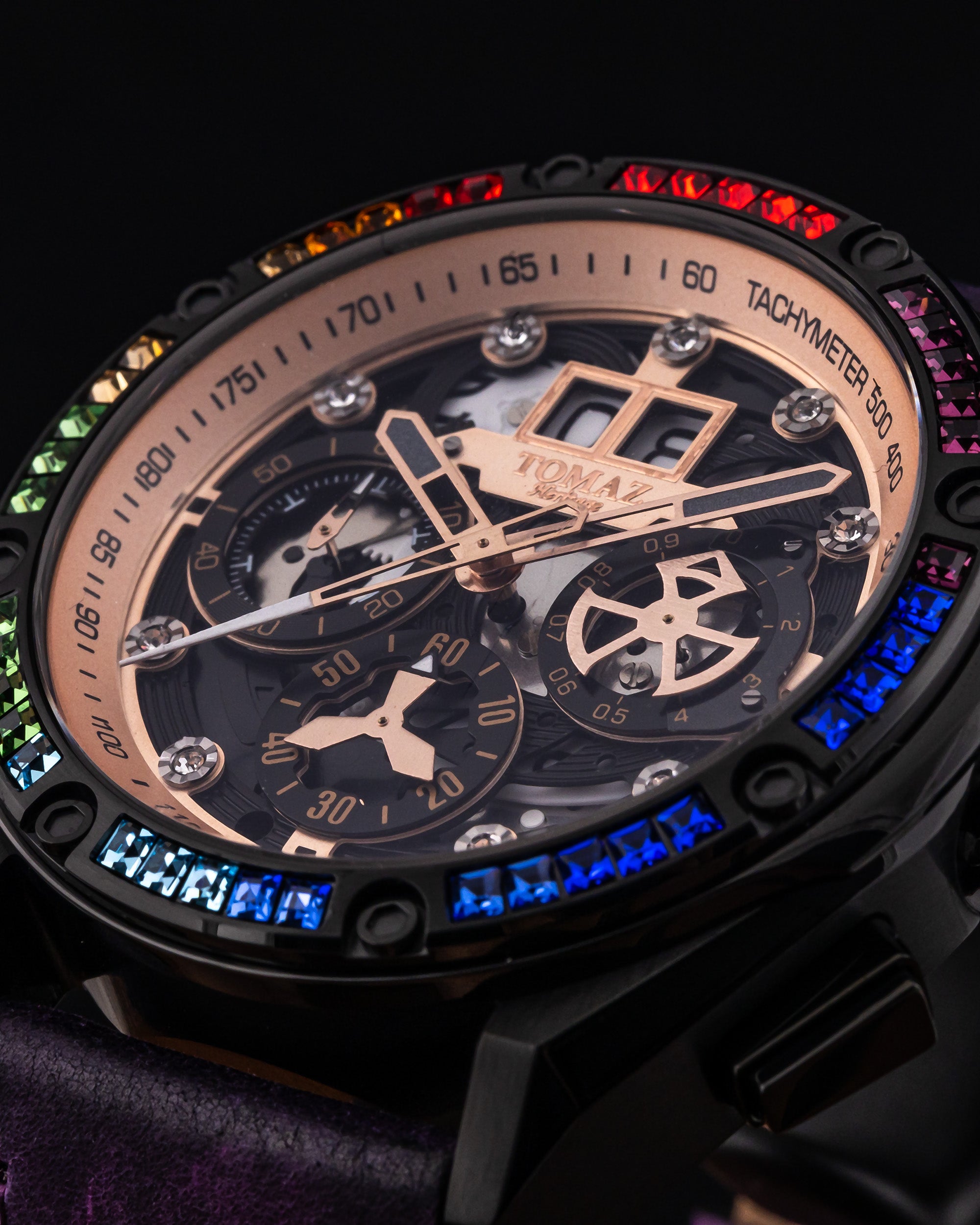 RAWR III TW024D-D4 (Black/Rosegold) with Rainbow Swarovski Purple Leather Strap)