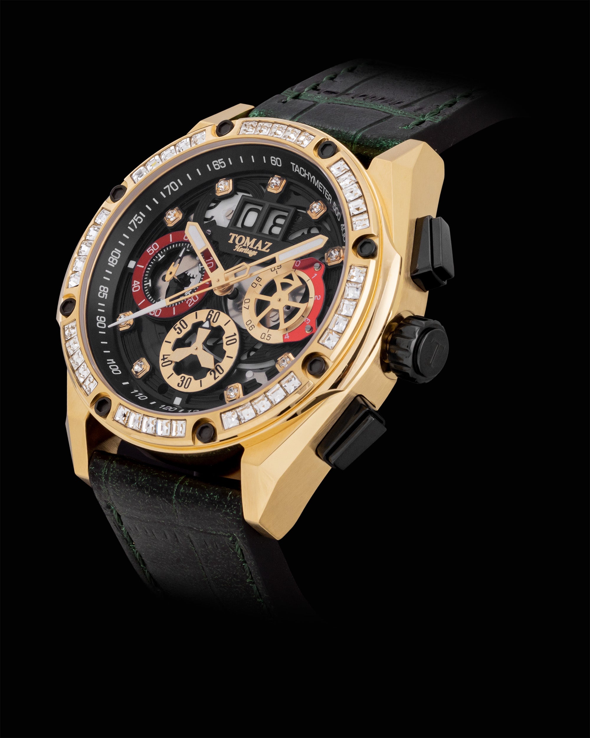 RAWR III TW024E-D8 (Gold/Black) with White Swarovski (Green Bamboo Leather Strap)