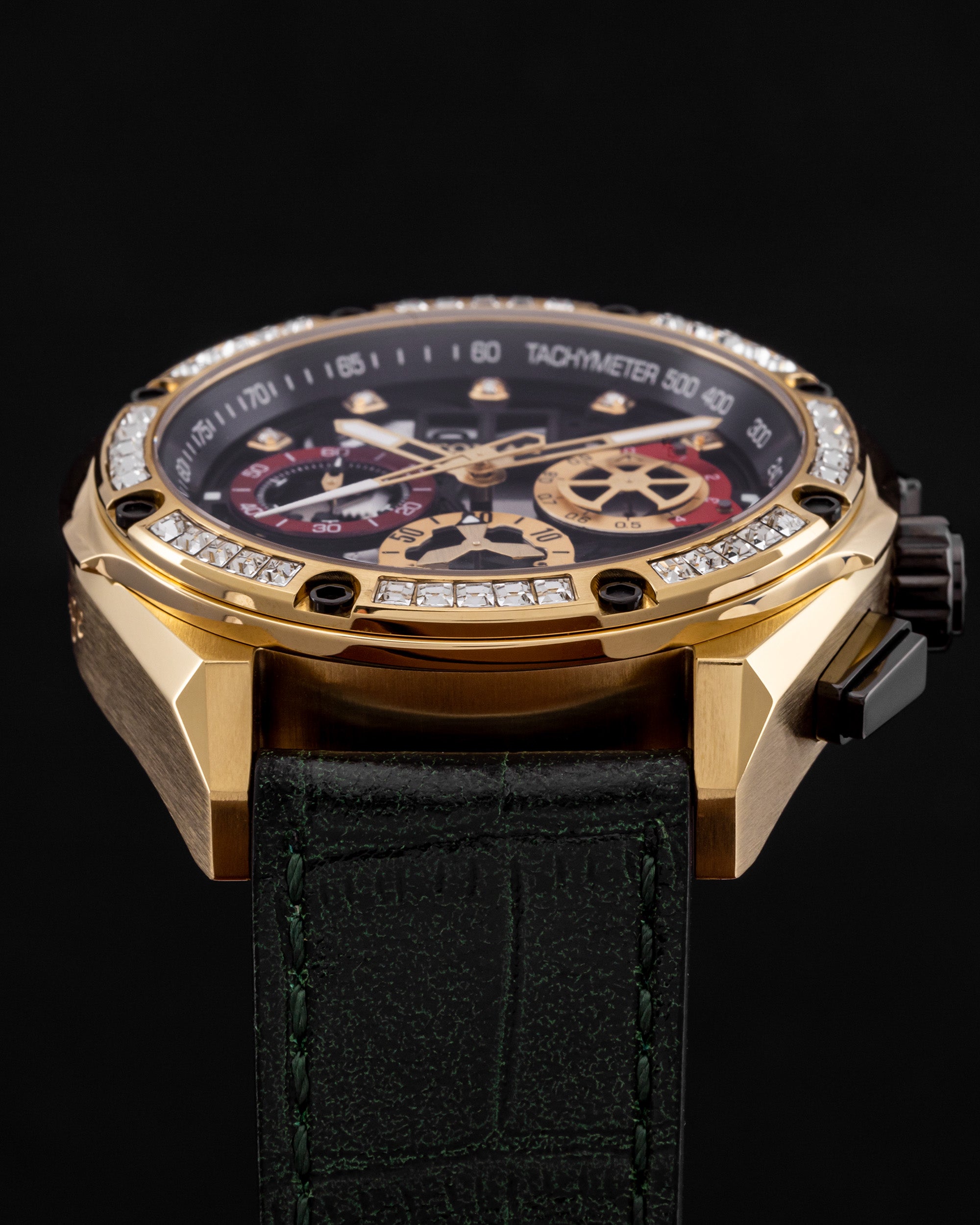 RAWR III TW024E-D8 (Gold/Black) with White Swarovski (Green Bamboo Leather Strap)