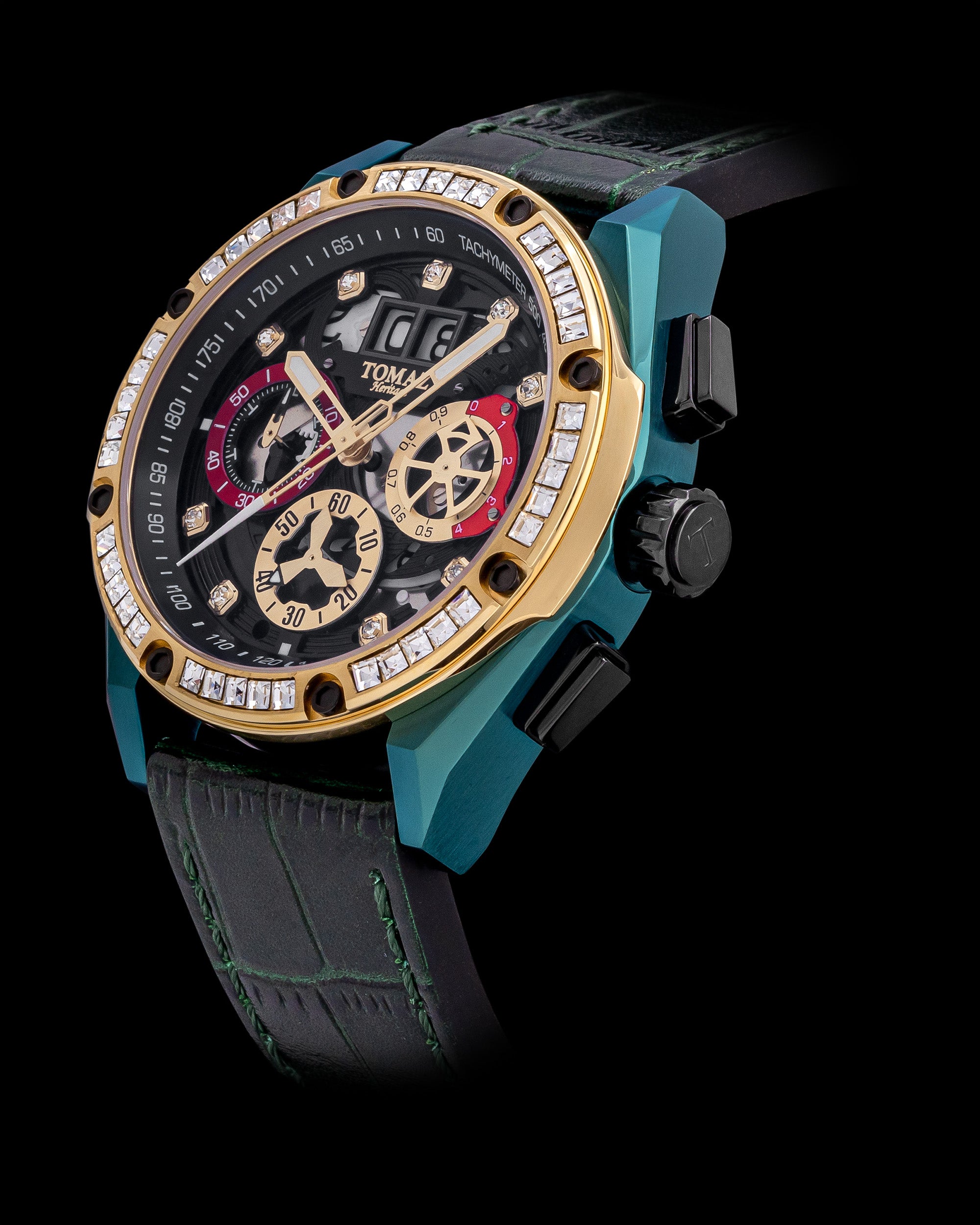 RAWR III TW024E-D9 (Hijau/Emas/Hitam) dengan Swarovski Putih (Tali Kulit Buluh Hijau)