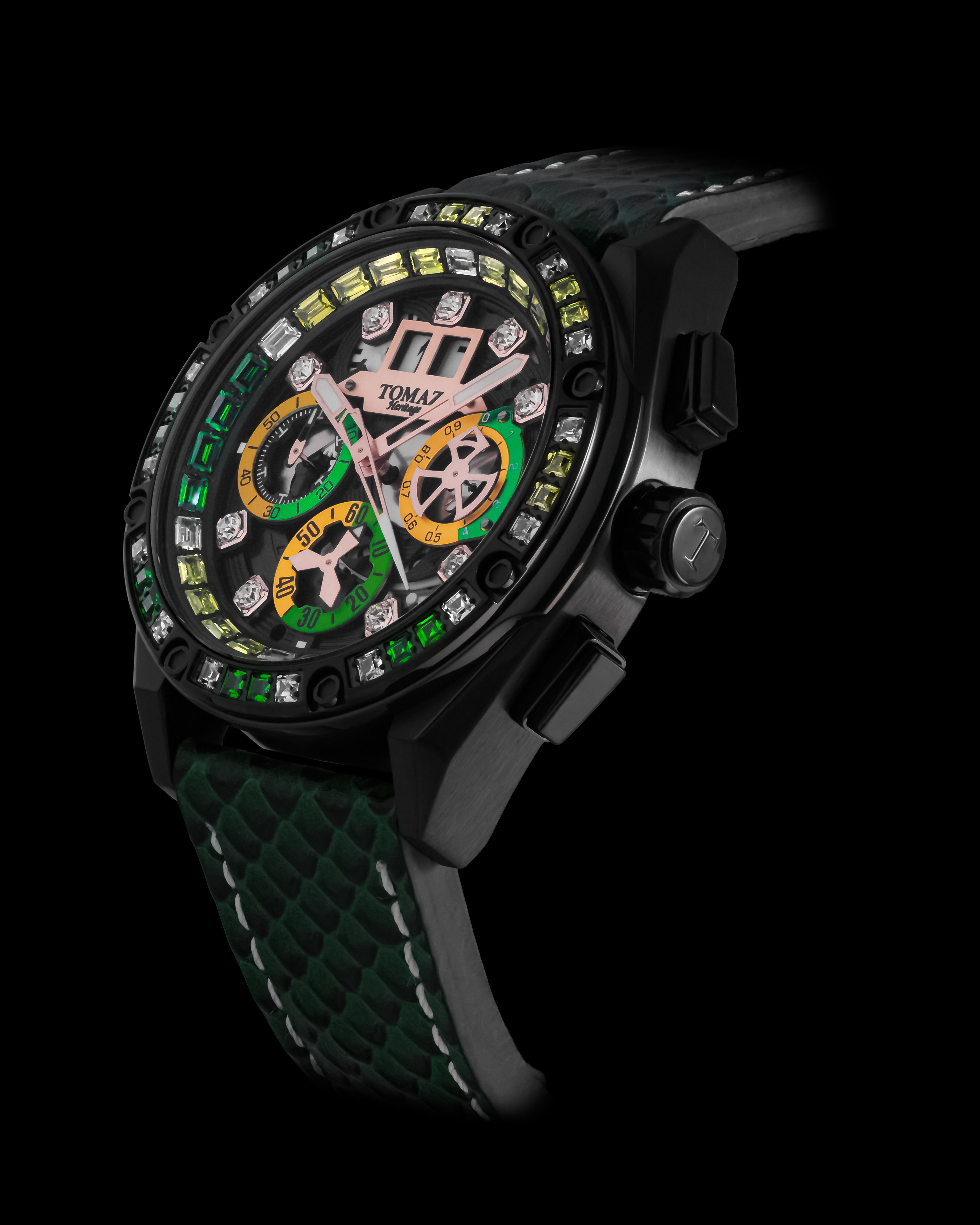 RAWR III TW024F-D1 (Black) with Dark Green White Yellow Swarovski (Dark Green Salmon Leather Strap)