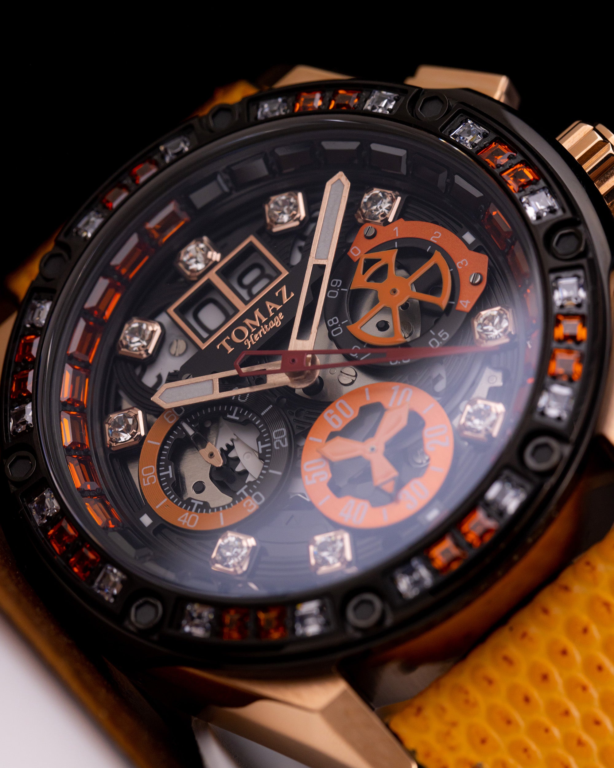 RAWR III TW024F-D4 (Gold/Black) with White Orange Swarovski (Orange Leather Strap)