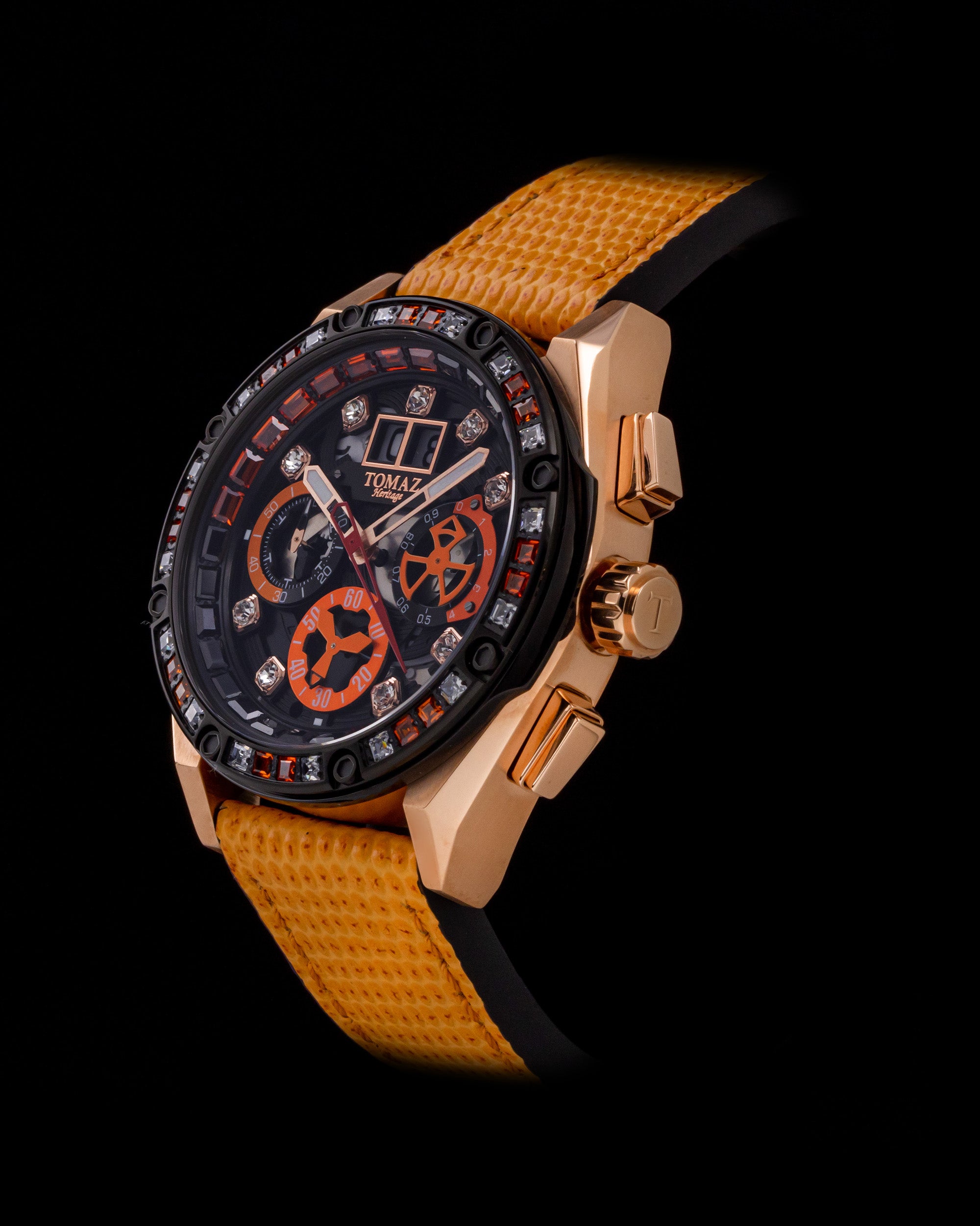 RAWR III TW024F-D4 (Gold/Black) with White Orange Swarovski (Orange Leather Strap)