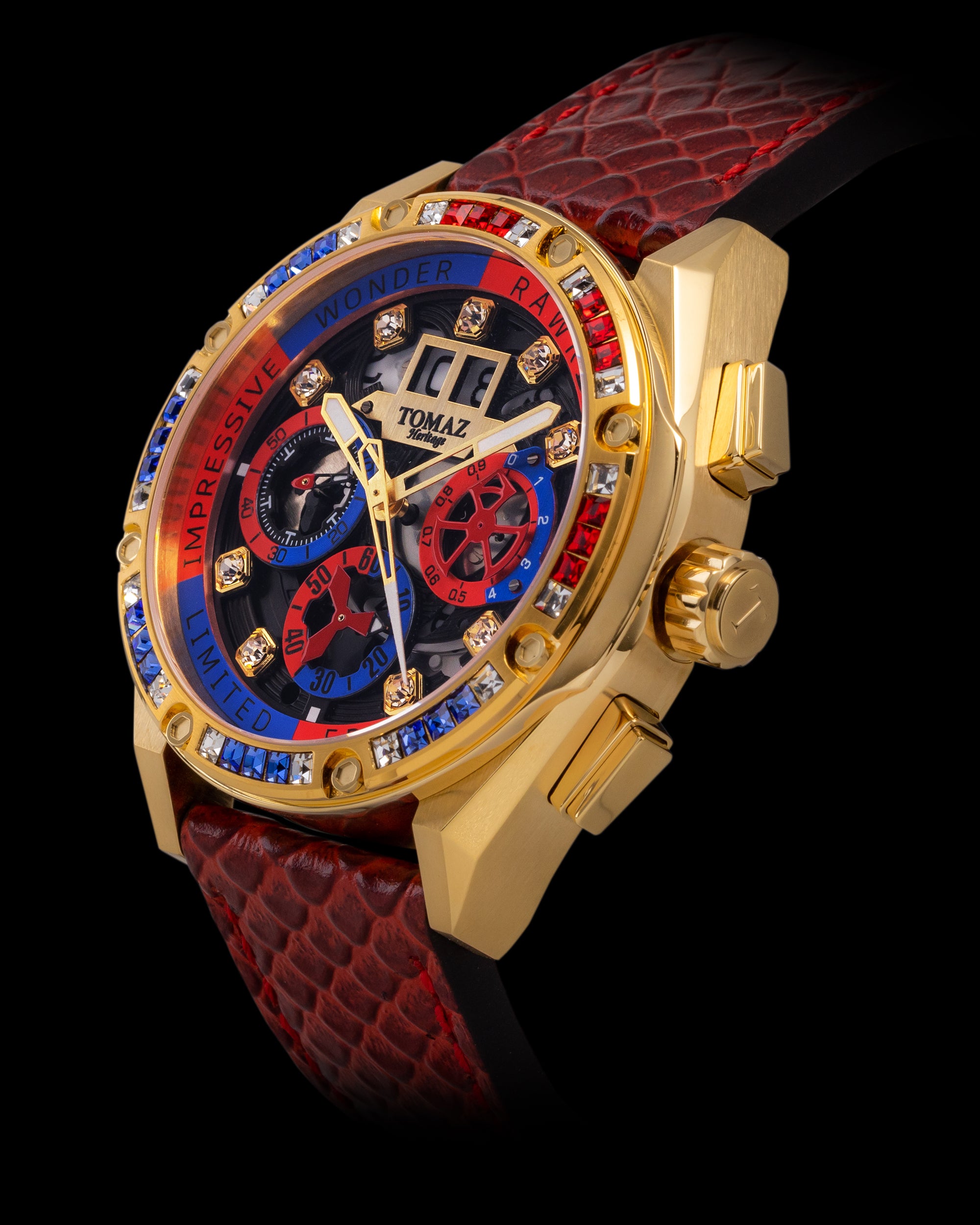 RAWR III TW024I-D10 (Gold) with Blue Red Yellow Swarovski (Red Salmon Leather Strap)