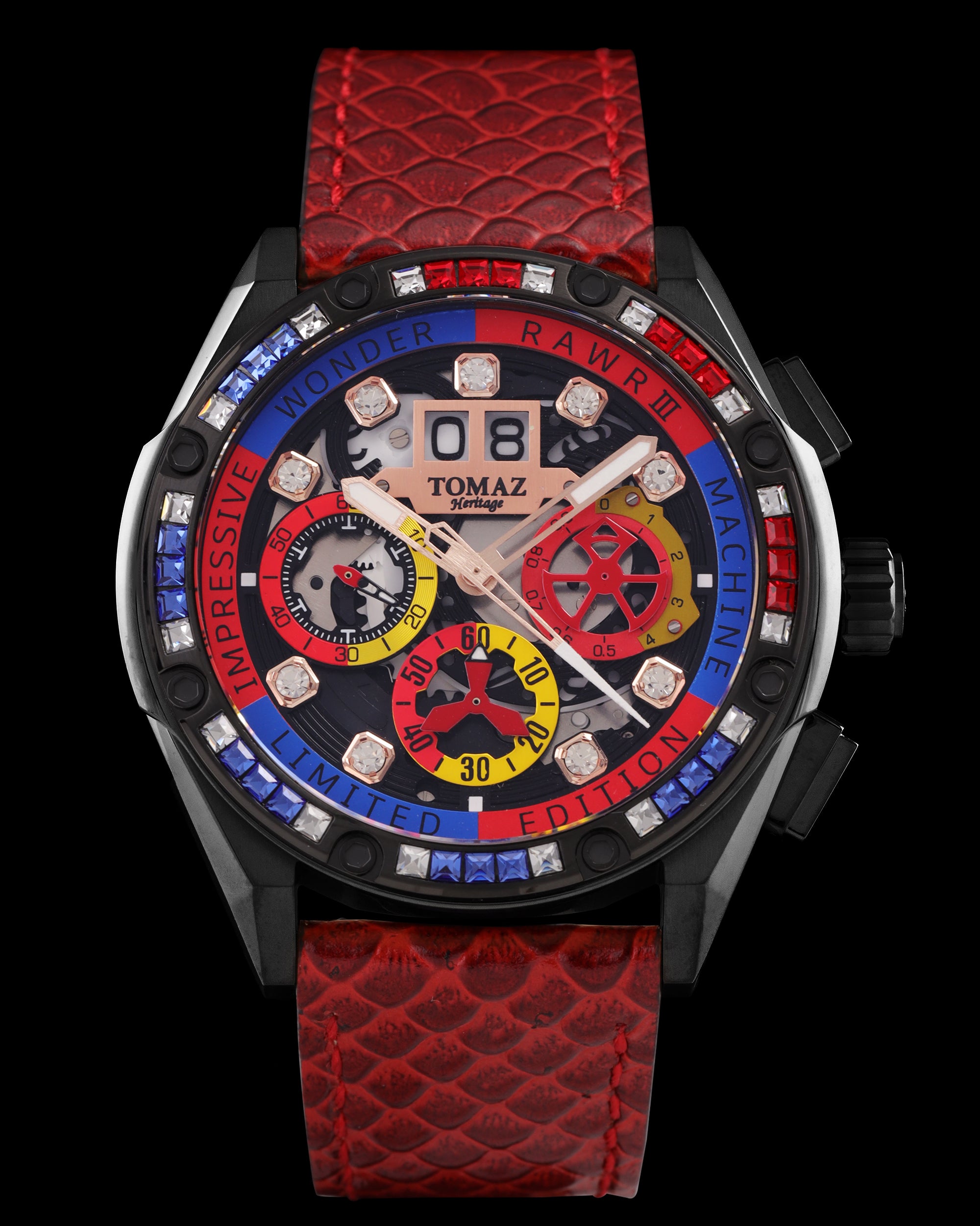 RAWR III TW024I-D11 (Black) with Blue Red Swarovski (Red Salmon Leather Strap)