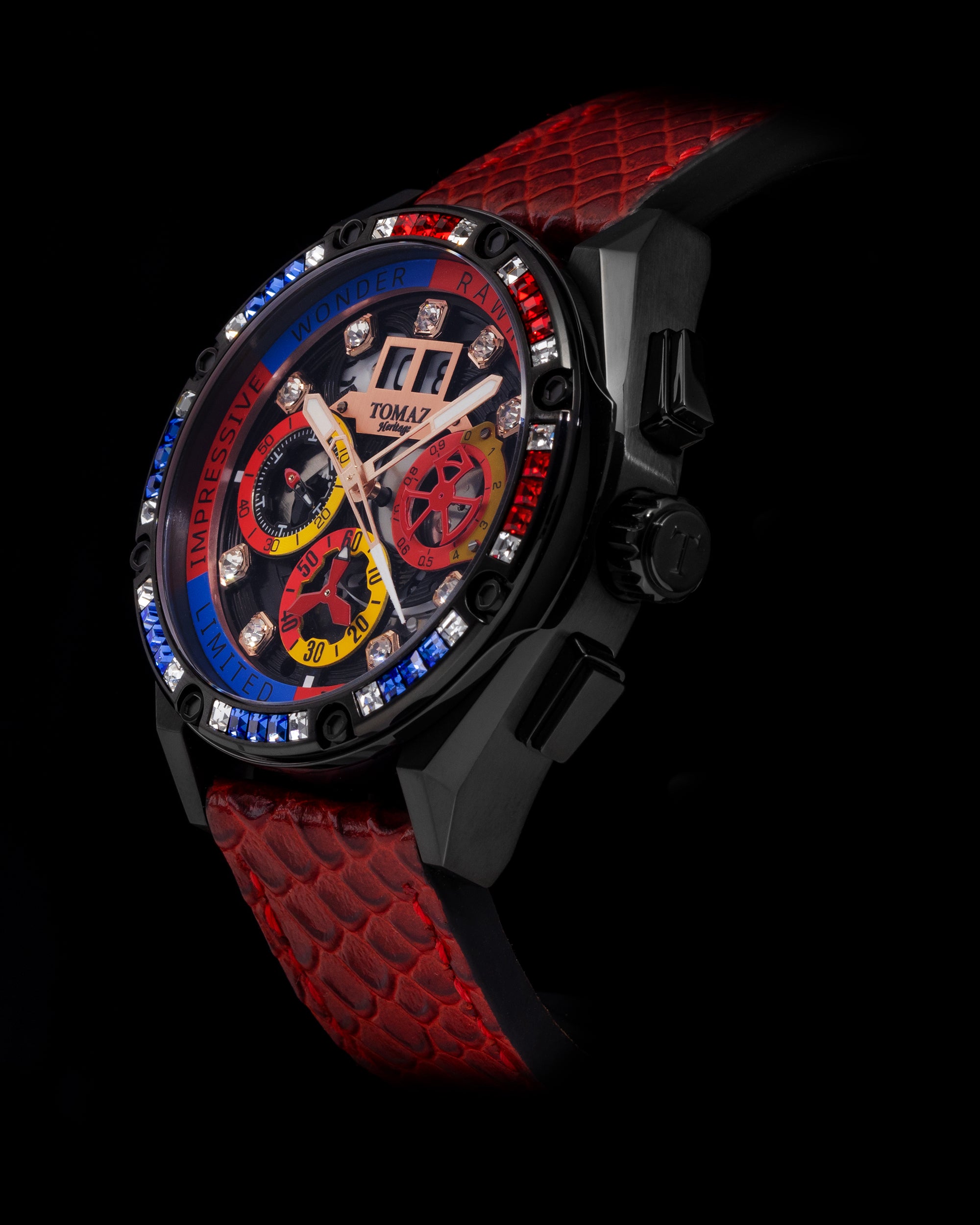 RAWR III TW024I-D11 (Black) with Blue Red Swarovski (Red Salmon Leather Strap)