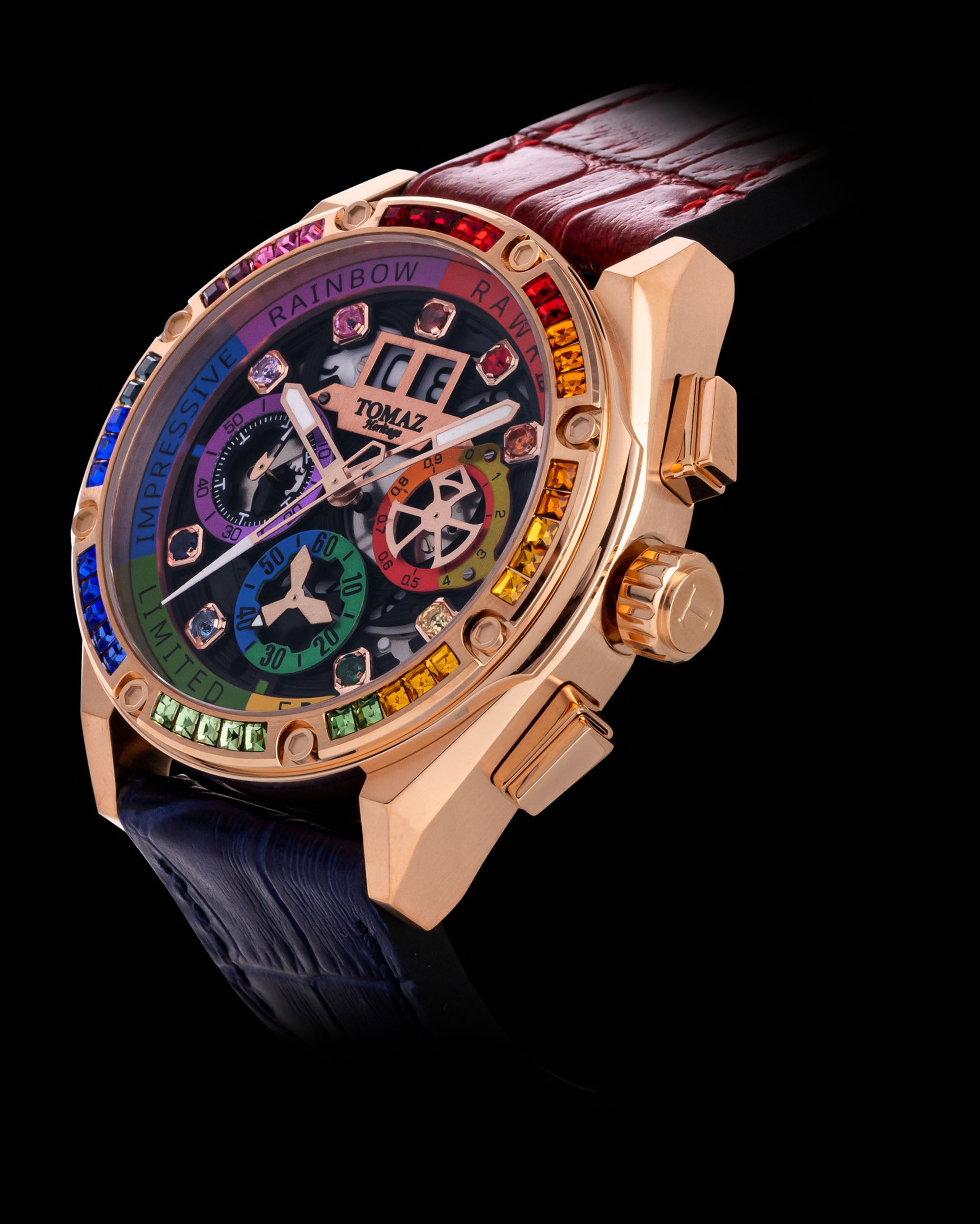 RAWR III TW024I-D1 (Rosegold) with Rainbow Swarovski (Blue/Red Bamboo Leather Strap)