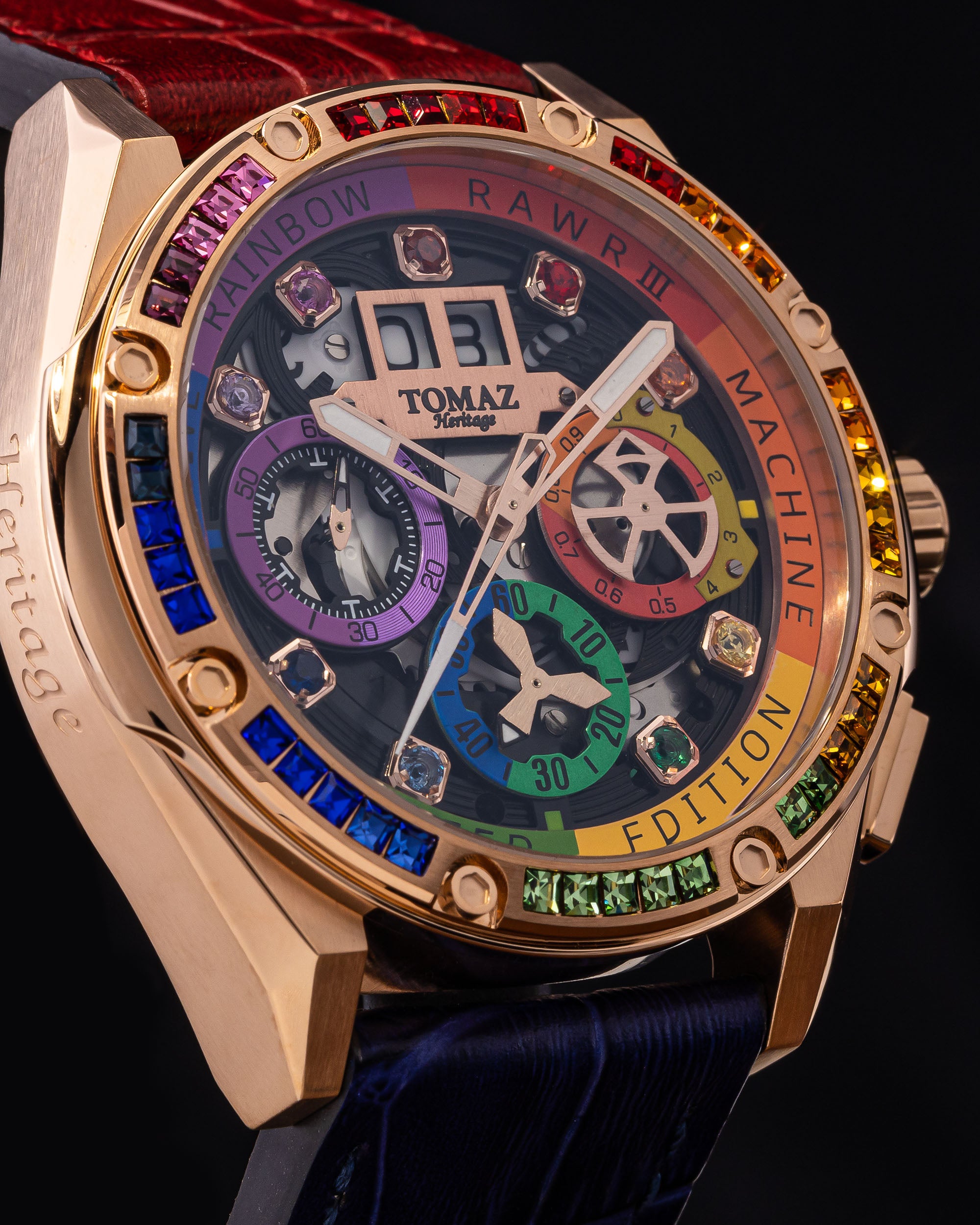 RAWR III TW024I-D1 (Rosegold) with Rainbow Swarovski (Blue/Red Bamboo Leather Strap)