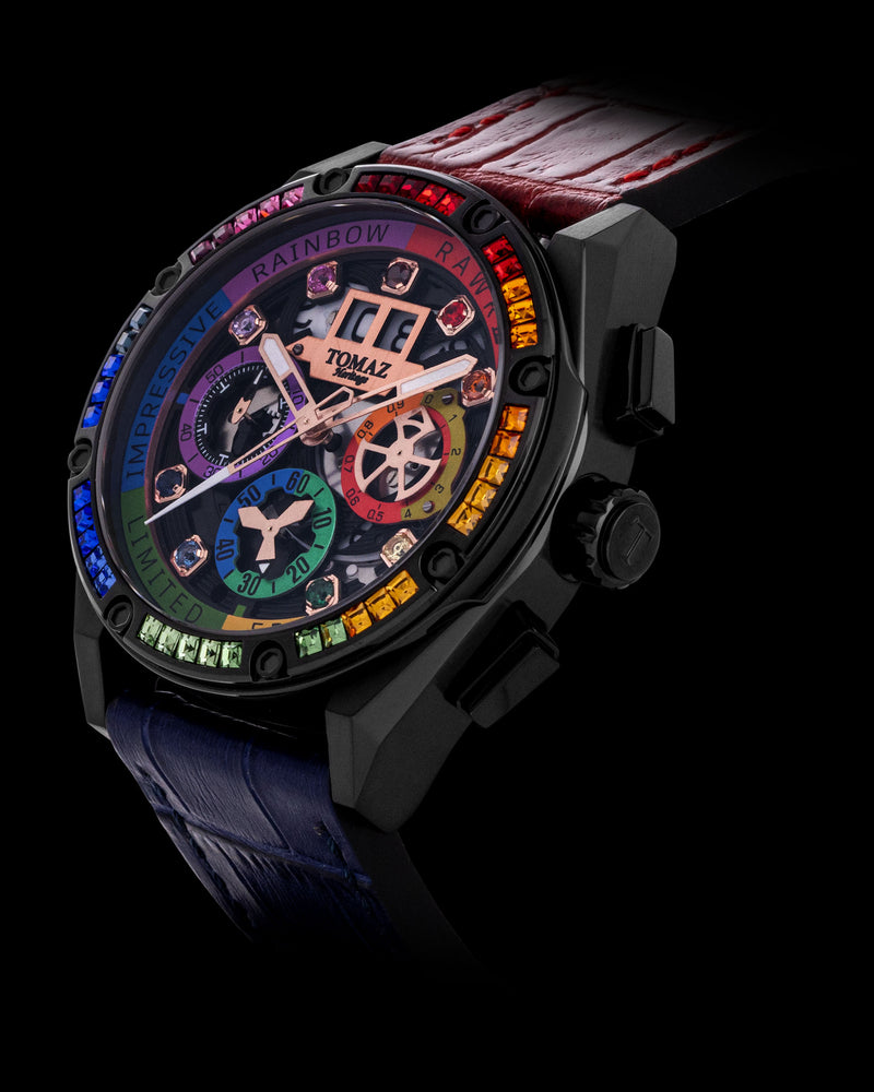 
                  
                    Load image into Gallery viewer, RAWR III TW024I-D2 (Black) with Rainbow Swarovski (Blue Bamboo Leather Strap)
                  
                