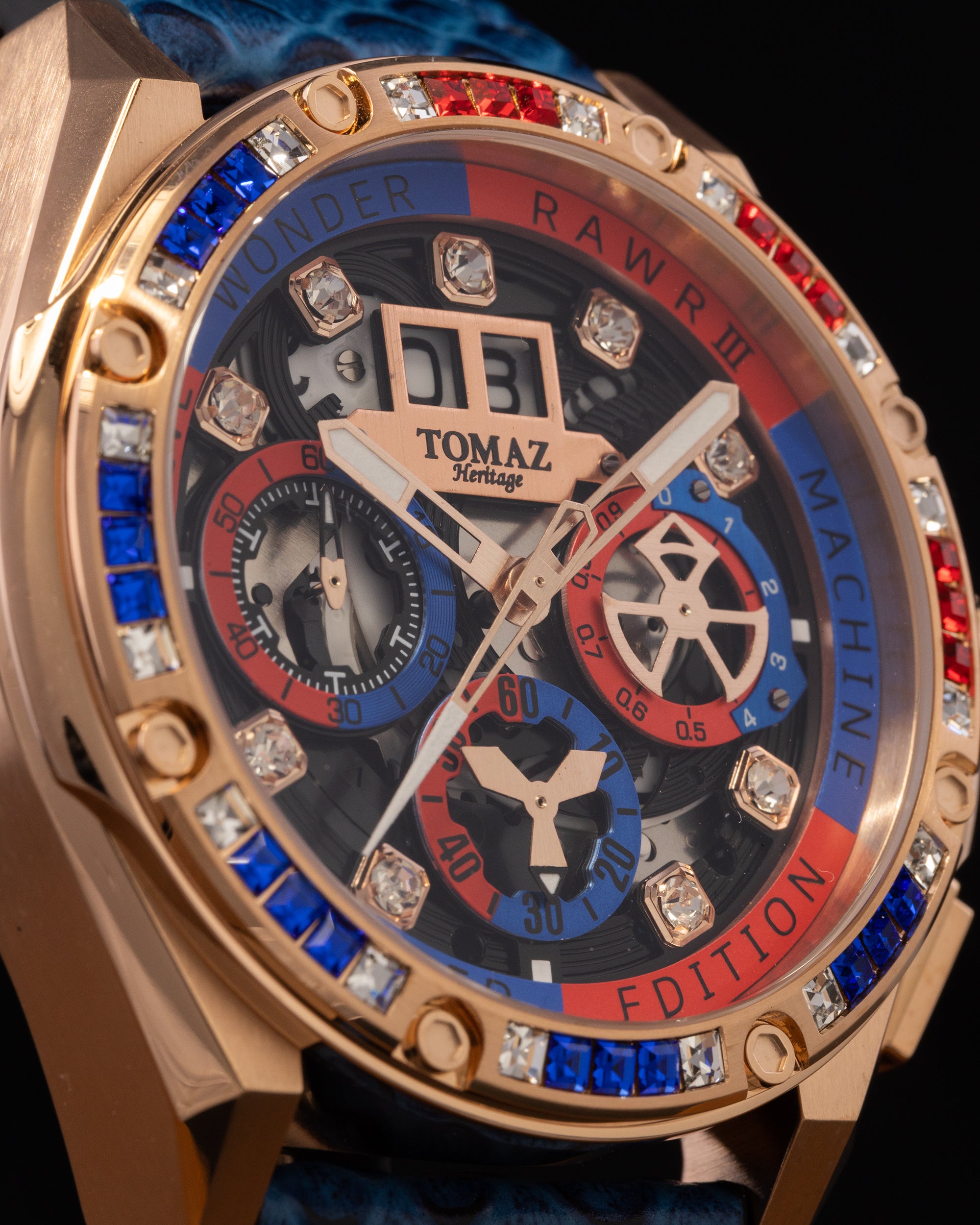 RAWR III TW024I-D9 (Rosegold) with Blue Red Swarovski (Blue Salmon Leather Strap)