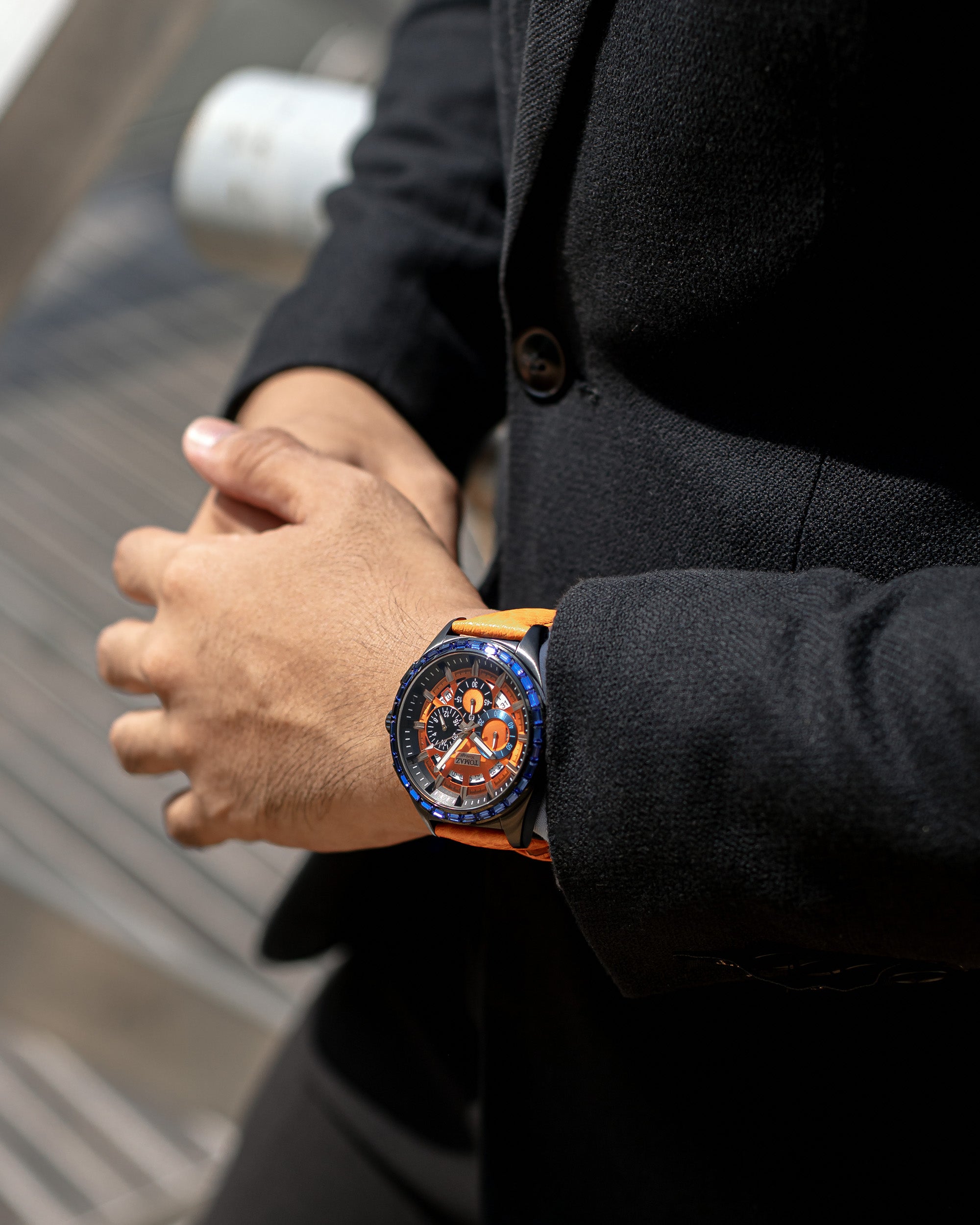 Romeo TW025A-D2 (Black/Orange) with Blue Swarovski (Orange Leather Strap)