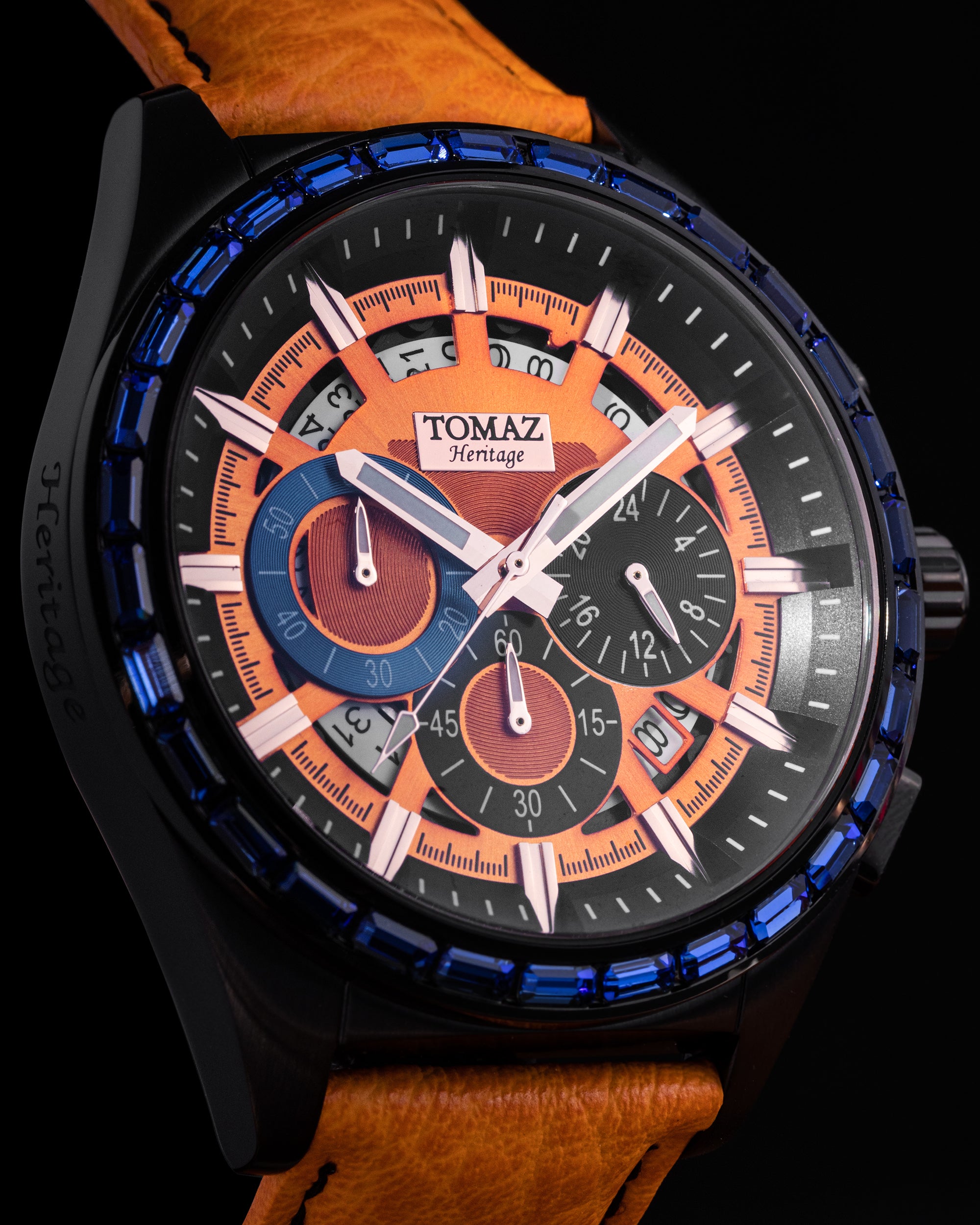 Romeo TW025A-D2 (Black/Orange) with Blue Swarovski (Orange Leather Strap)