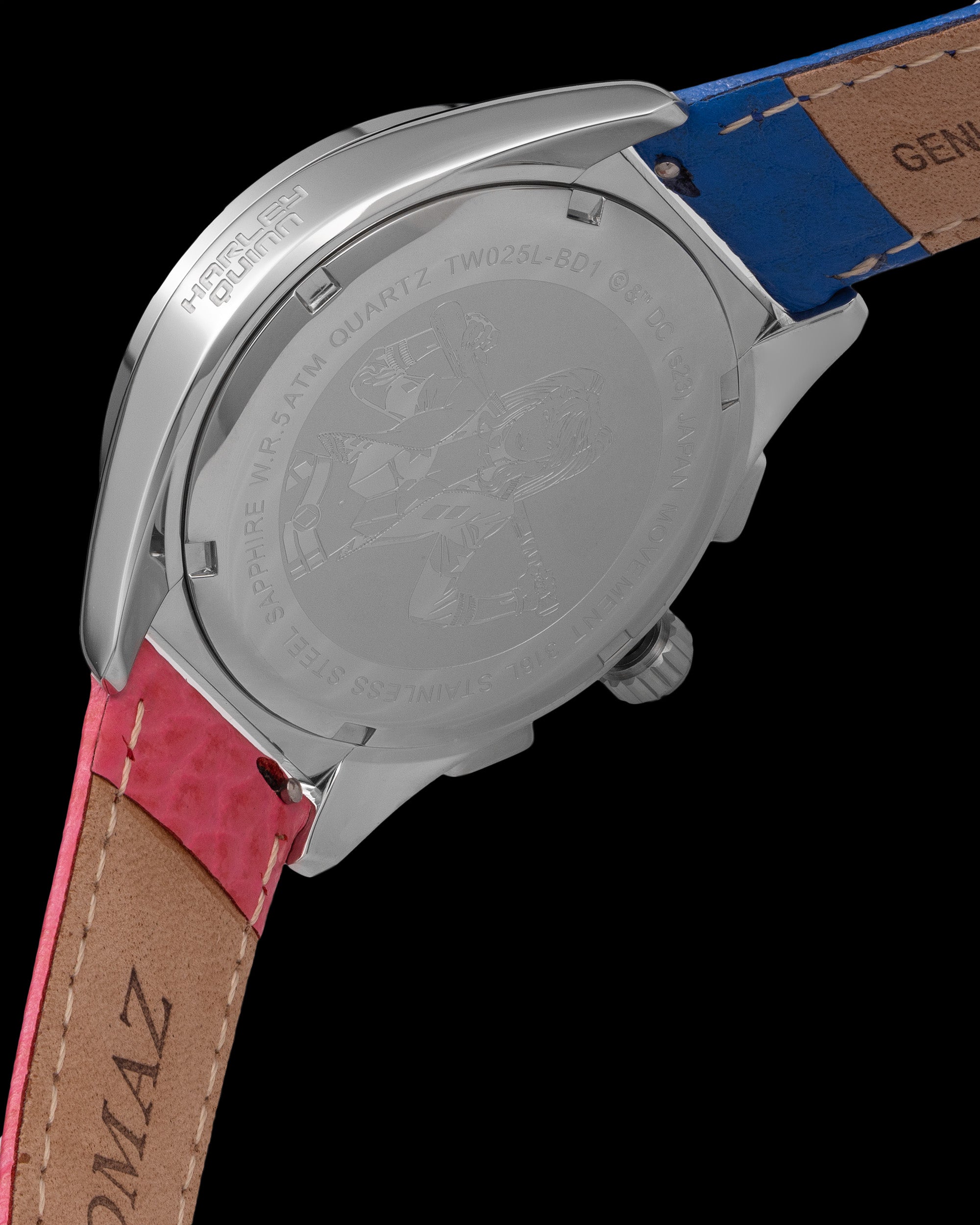 DC Harley Quinn TW025L-BD1 (Silver/Pink) with Pink and Blue Crystal (Pink/Blue Leather Strap)