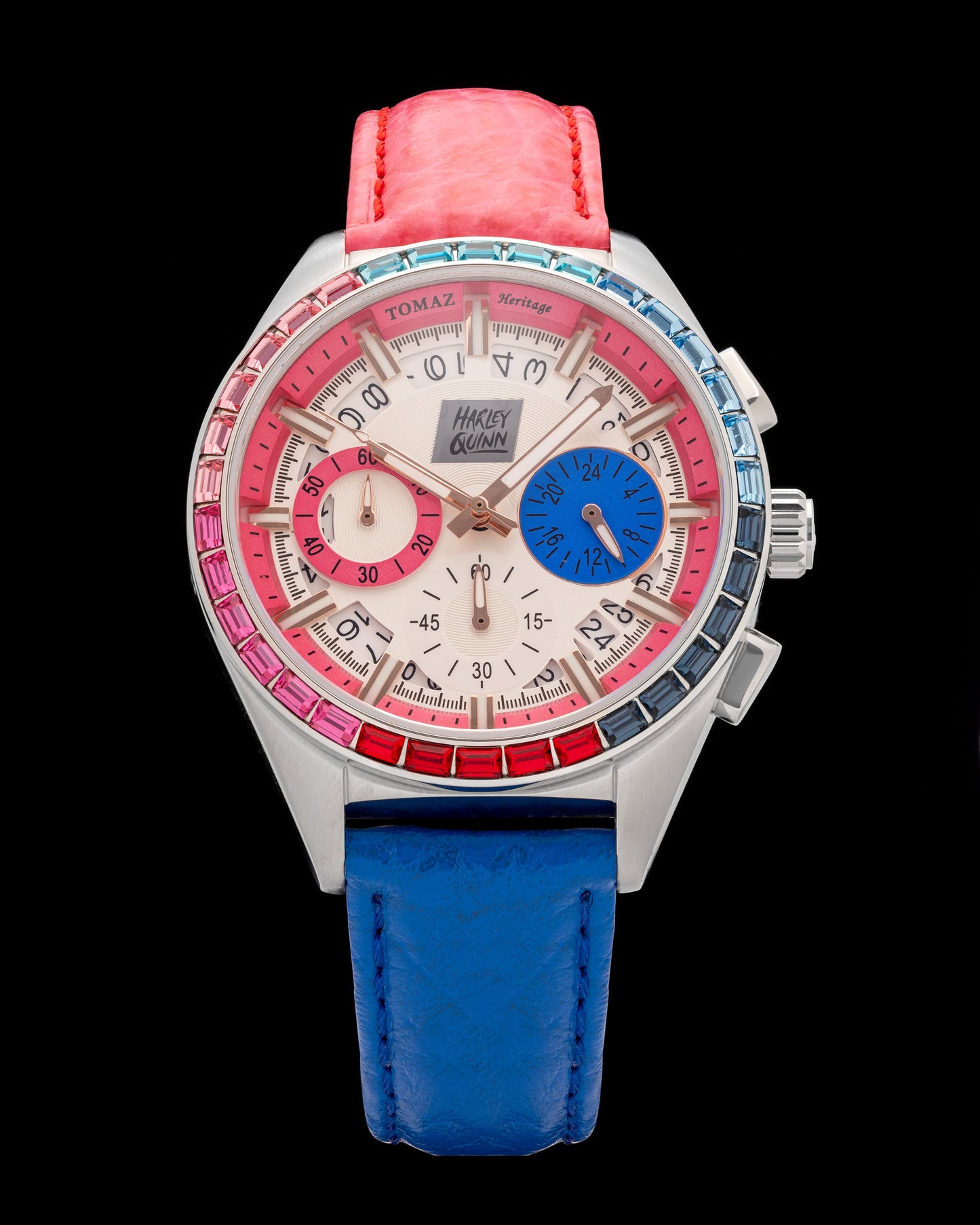 DC Harley Quinn TW025L-BD1 (Silver/Pink) with Pink and Blue Crystal (Pink/Blue Leather Strap)