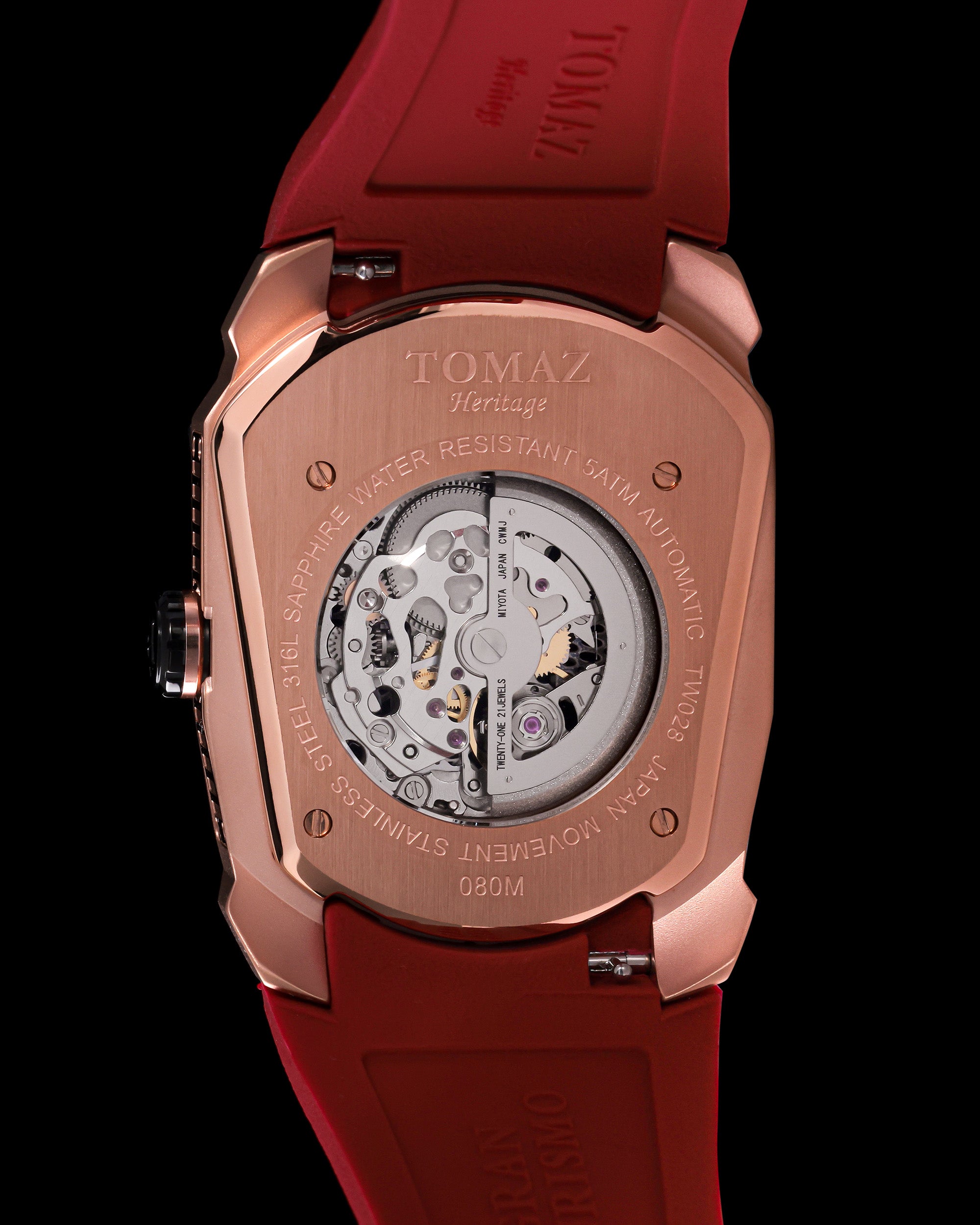 GT Skeleton TW028-D13 (Rosegold/Merah) dengan Swarovski Merah (Tali Getah Merah)