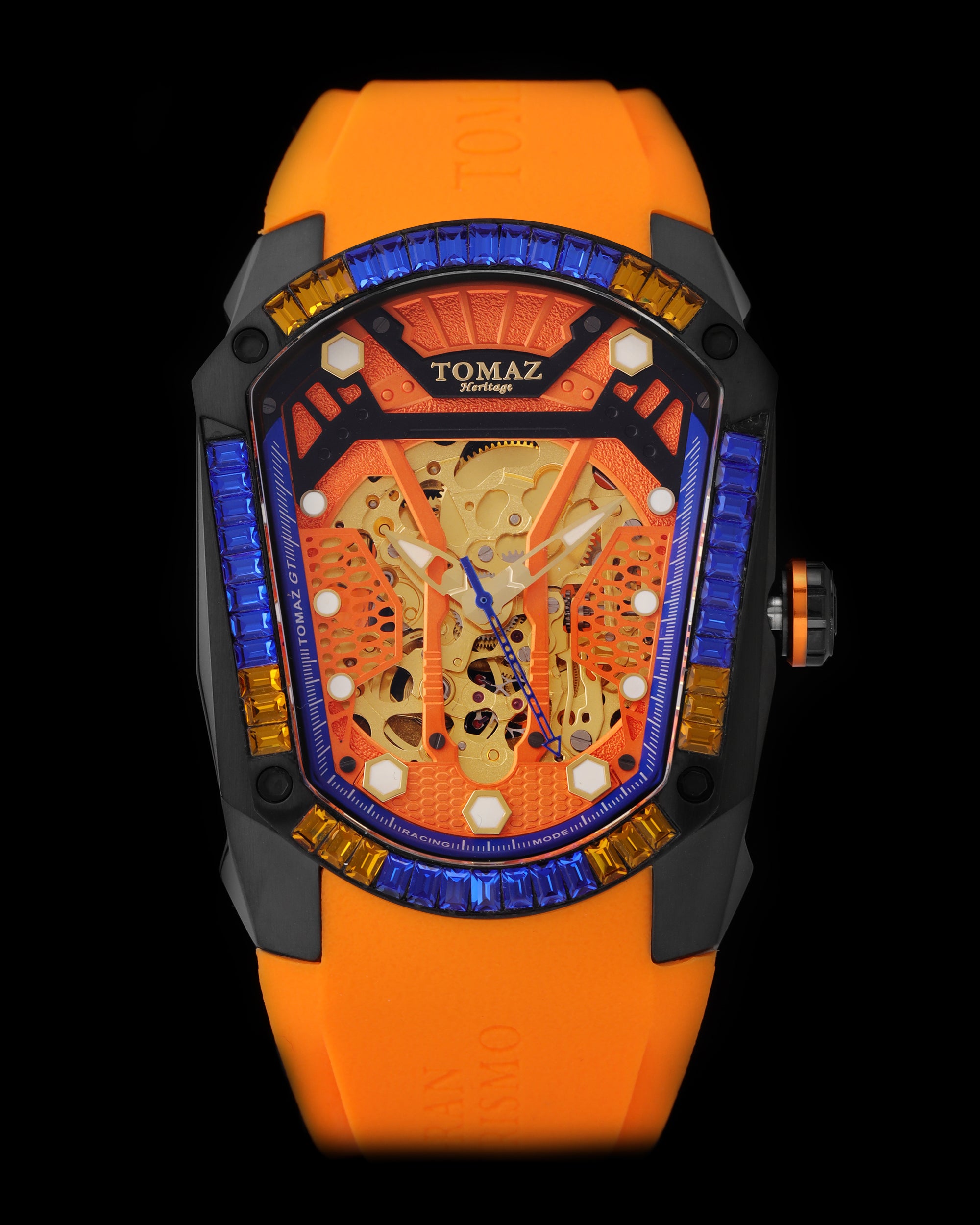 GT Skeleton TW028-D15 (Black/Orange) with Orange Blue Swarovski (Orange Rubber Strap)