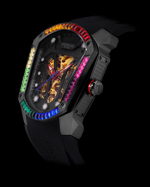 
                  
                    Load image into Gallery viewer, GT Skeleton TW028-D21 (Black) with Rainbow Swarovski (Black Rubber Strap)
                  
                