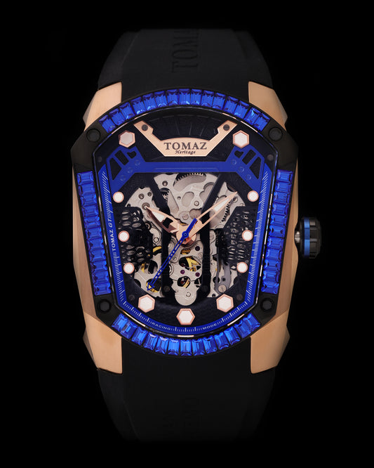 GT Skeleton TW028-D7 (Rosegold/Blue) with Blue Swarovski (Black Rubber Strap)