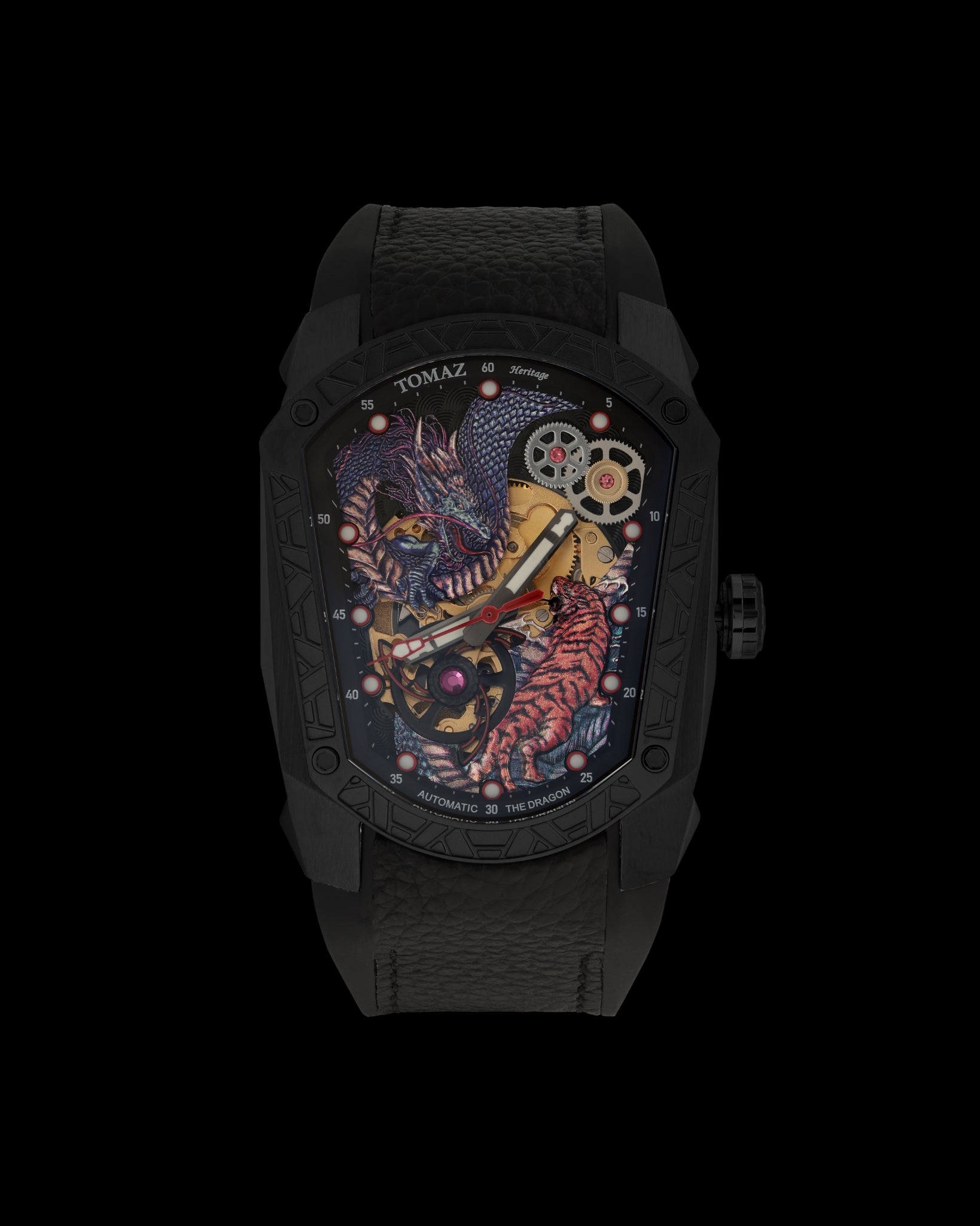 GT Dragon/Tiger TW028-ID1 (Black) with Black Rubber Leather Strap