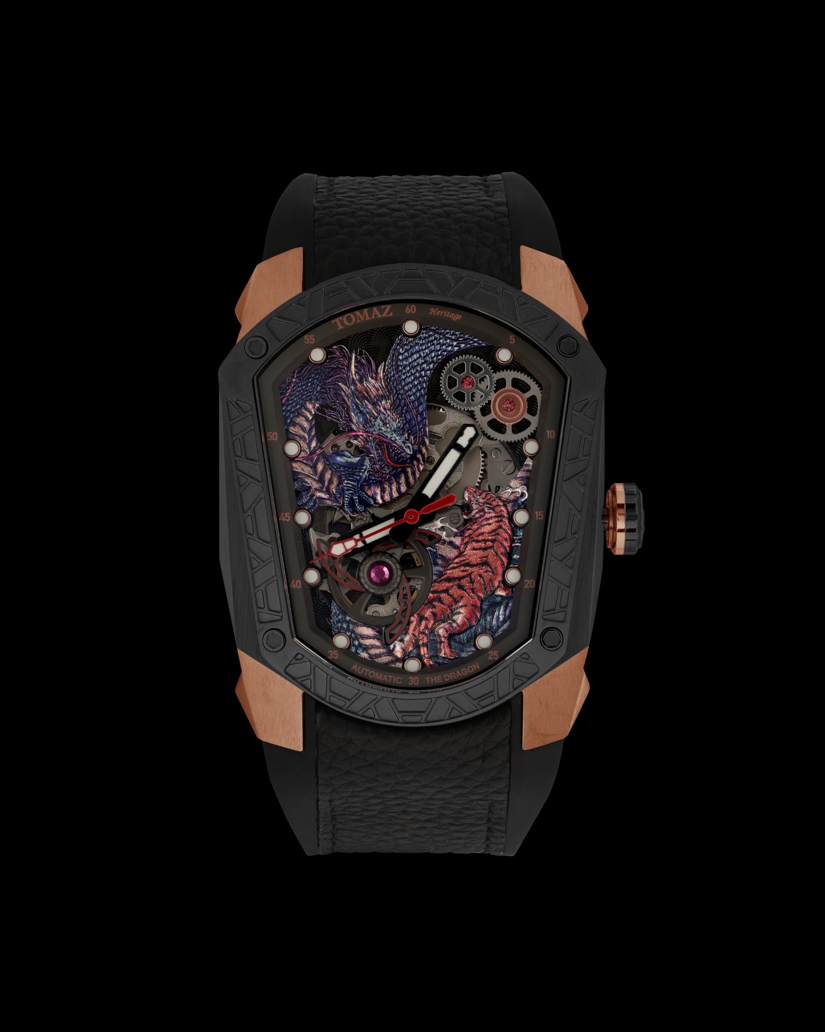 GT Dragon/Tiger TW028-ID3 (Rosegold/Black) with Black Rubber Leather Strap