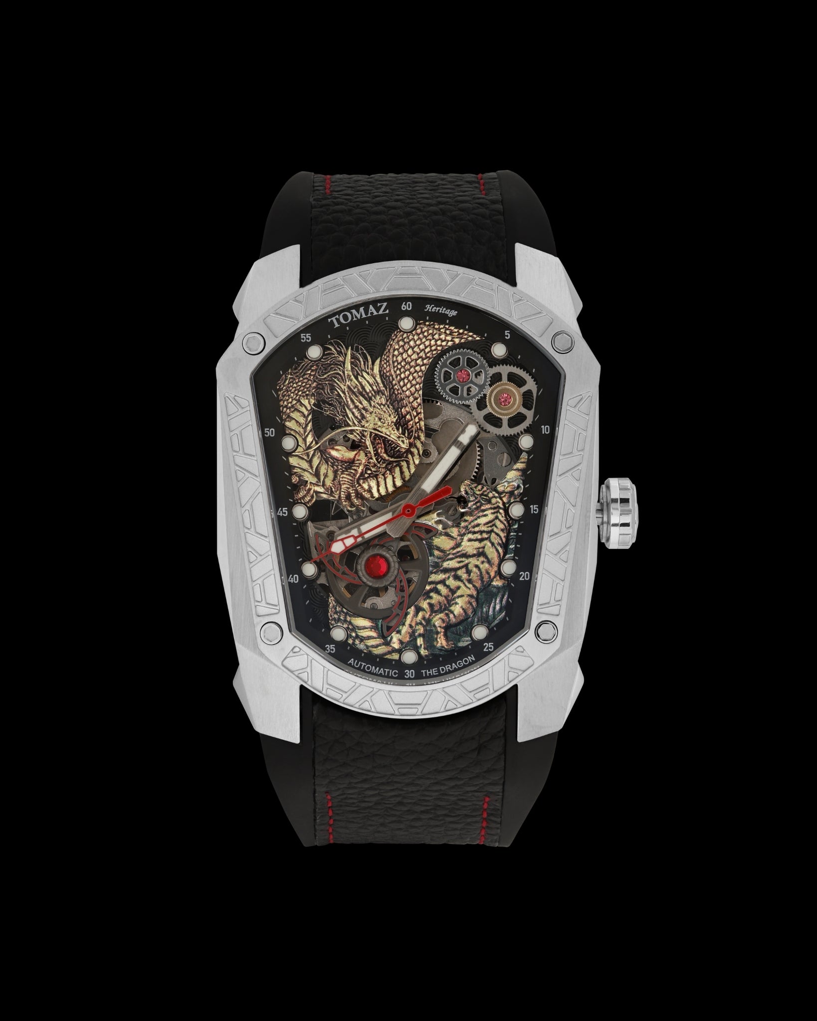 GT Dragon/Tiger TW028-ID4 (Silver/Black/Golden) with Black Rubber Leather Strap